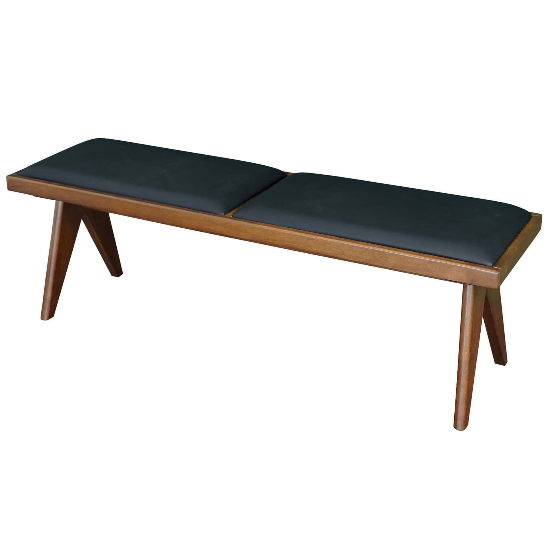 Black Faux Leather Mid Century Modern Bench with Walnut Base 11 Black Faux Leather Mid Century Modern Bench with Walnut Base