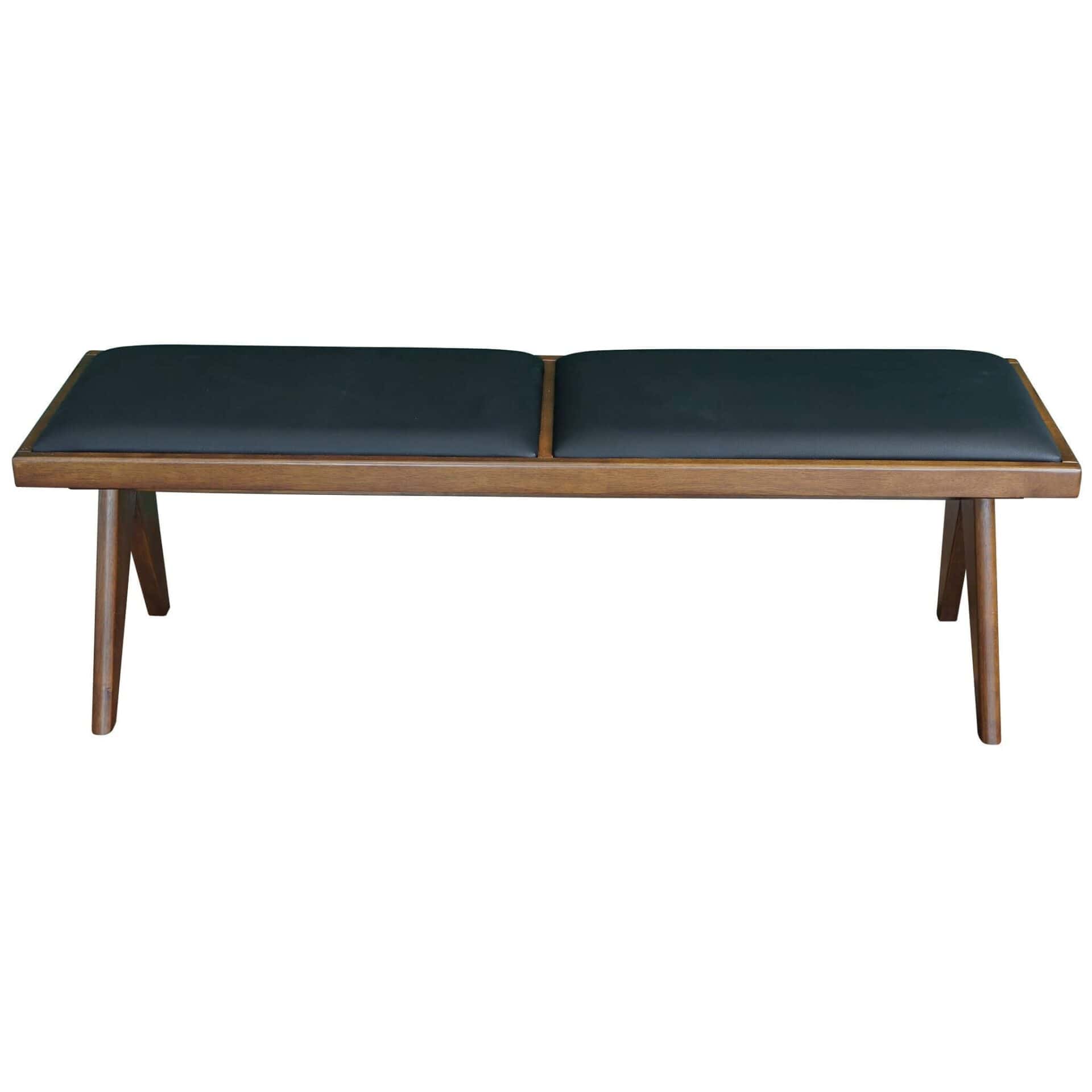 Black Faux Leather Mid Century Modern Bench with Walnut Base 6 Black Faux Leather Mid Century Modern Bench with Walnut Base - Image 6