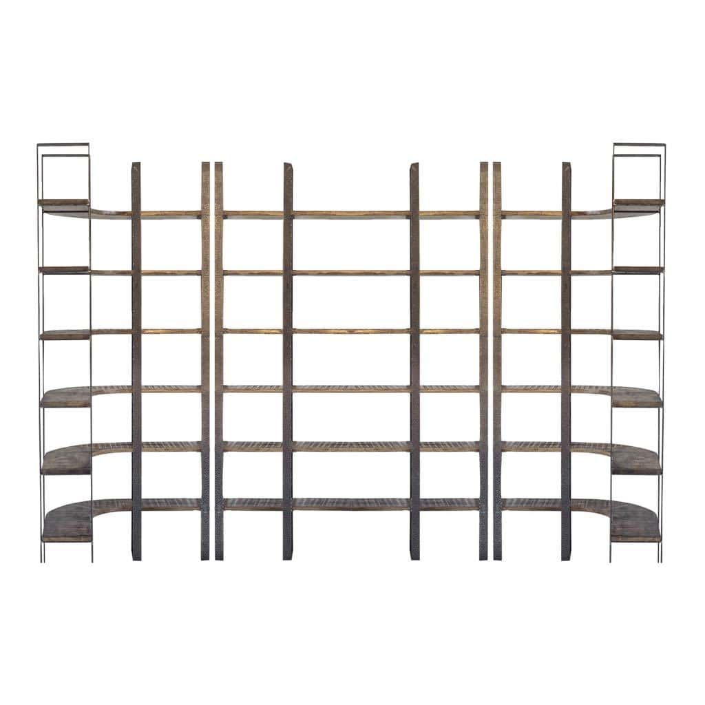 taunton i 80l x 10.5w x 90h brown wood and black iron six shelving unit