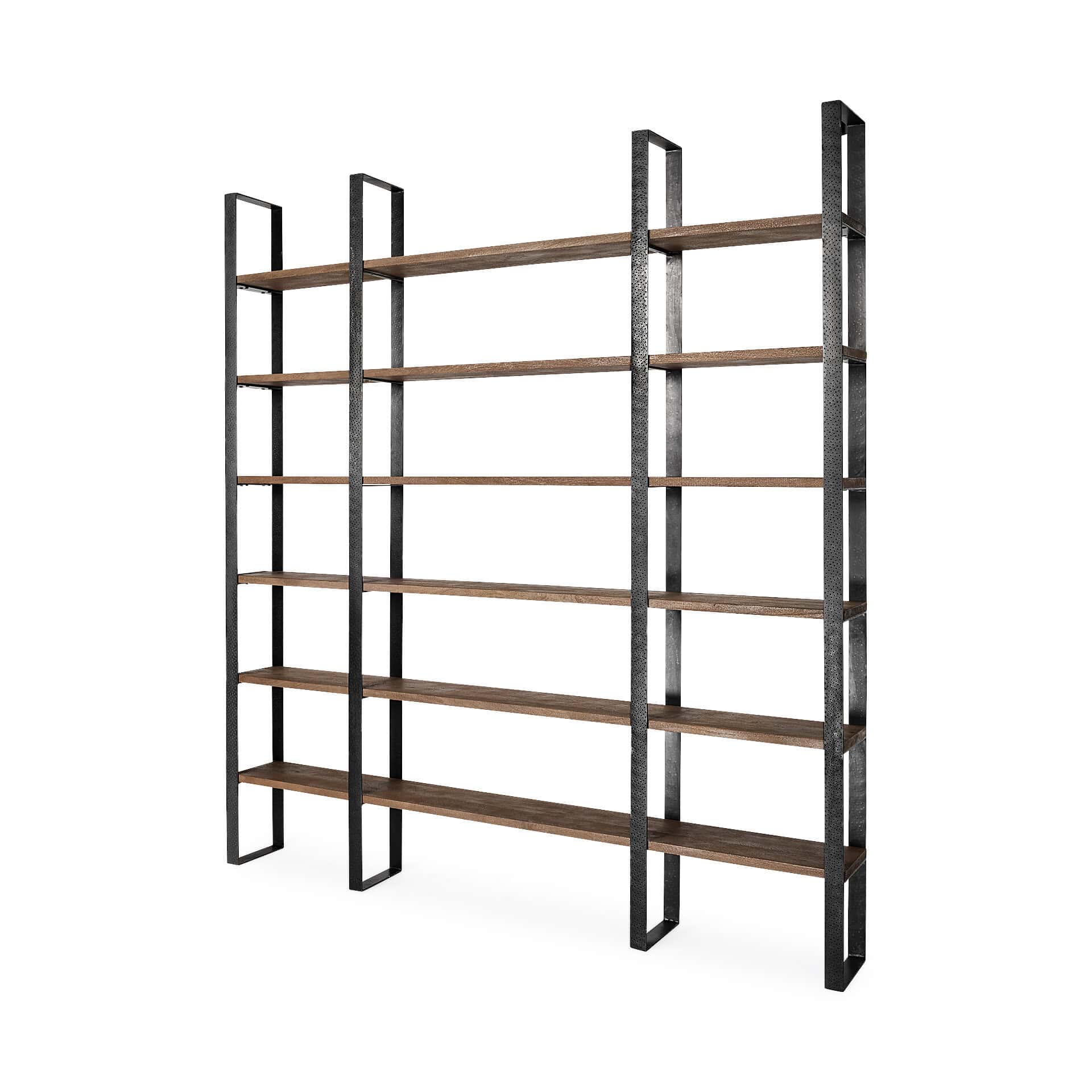 taunton ii 80l x 10.5w x 90h dark brown wood and black iron six shelving unit