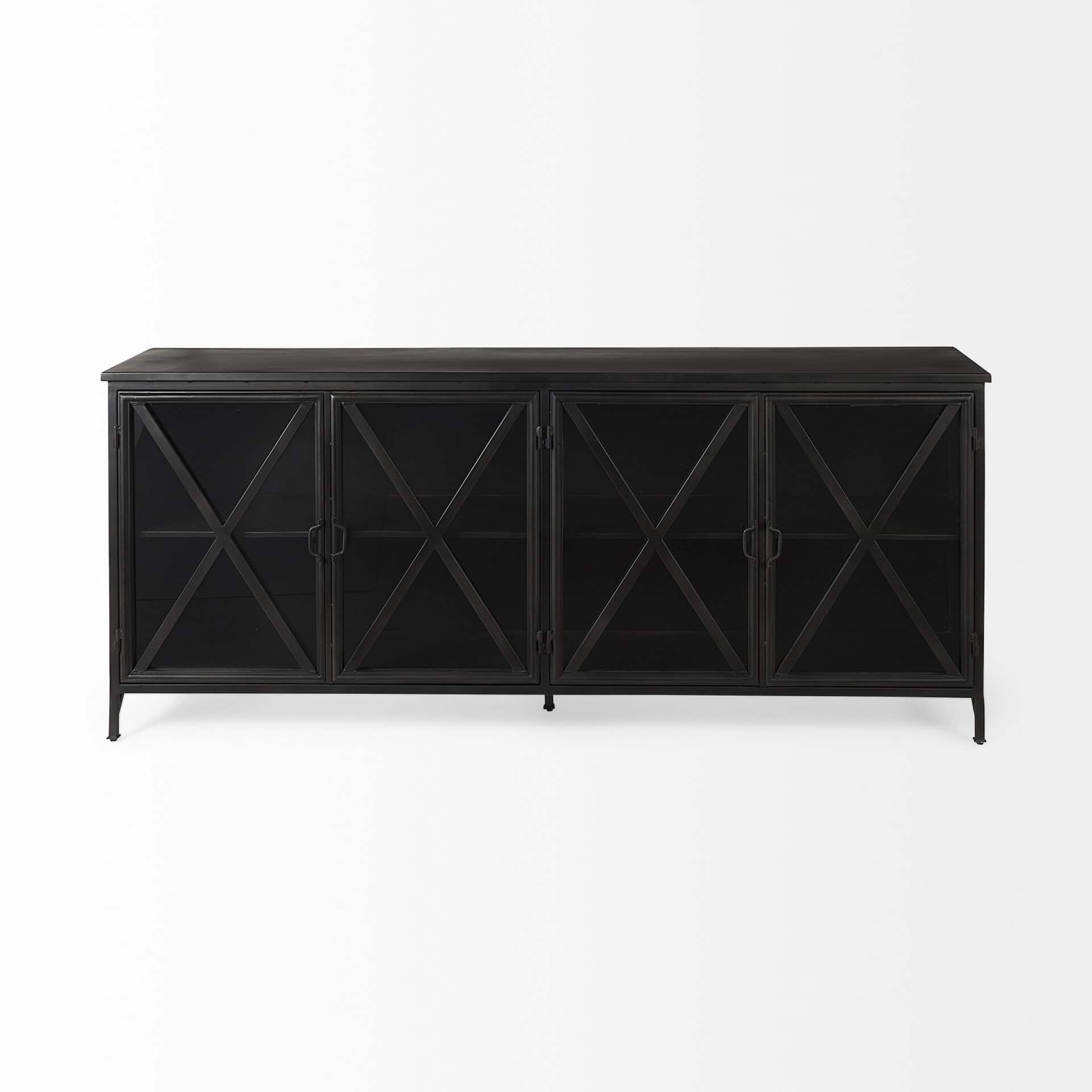 poppy i 79x16 black metal with glass door sideboard