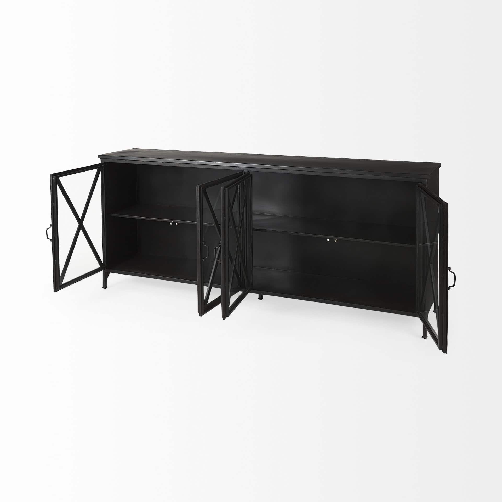 poppy i 79x16 black metal with glass door sideboard
