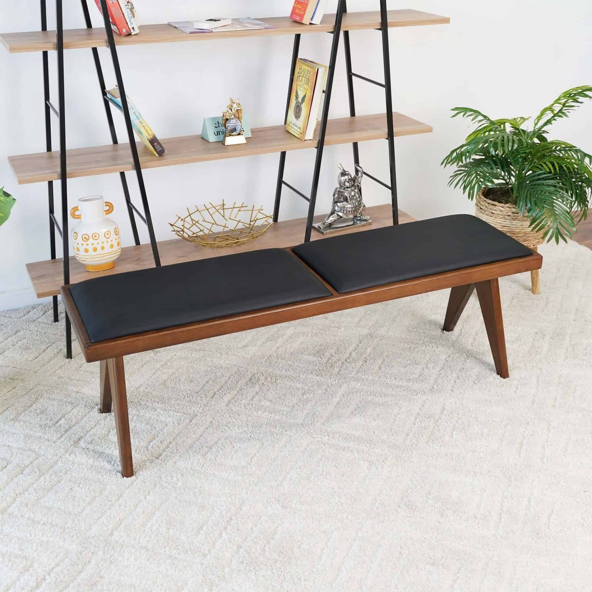 Black Faux Leather Mid Century Modern Bench with Walnut Base 1 Black Faux Leather Mid Century Modern Bench with Walnut Base