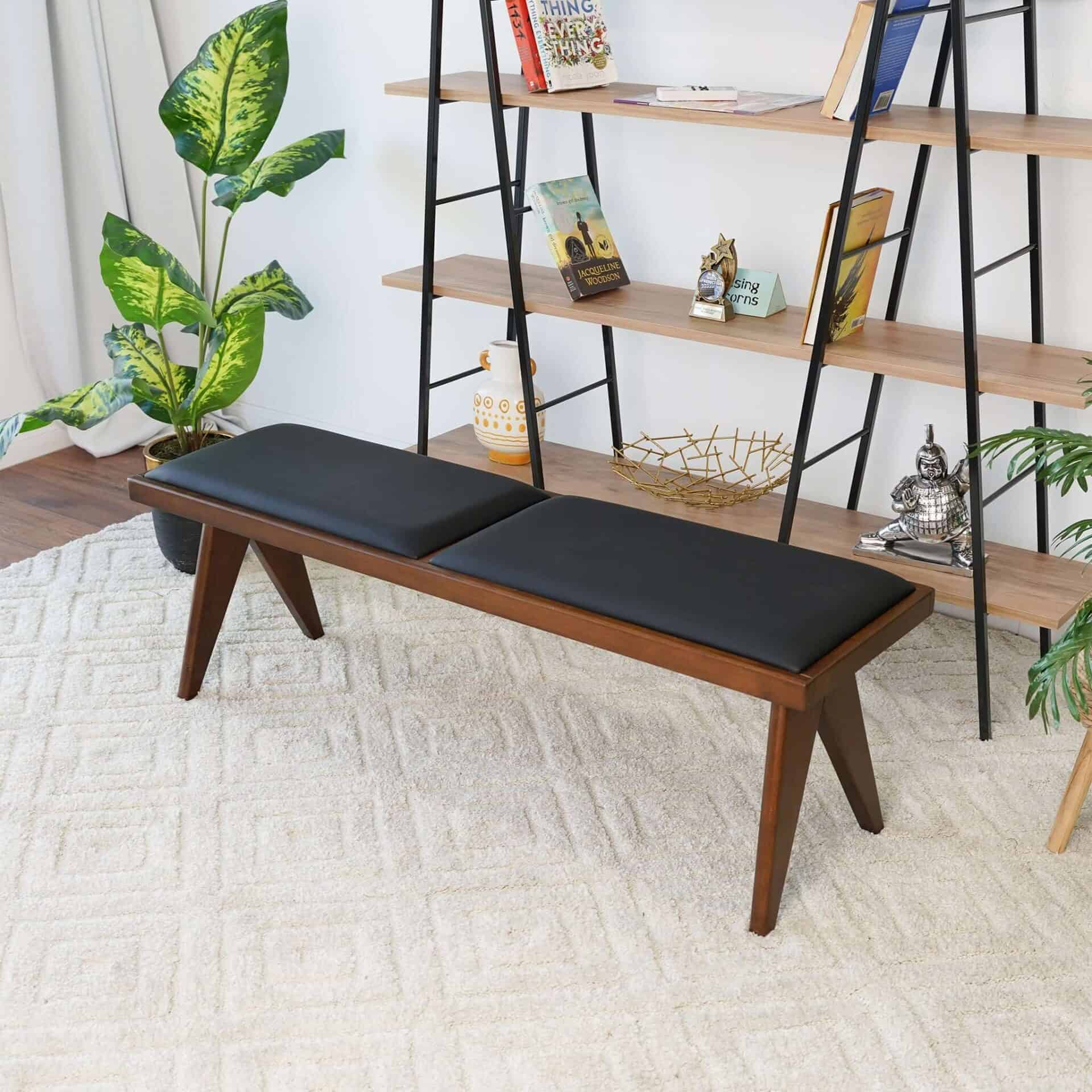 Black Faux Leather Mid Century Modern Bench with Walnut Base 3 Black Faux Leather Mid Century Modern Bench with Walnut Base - Image 3