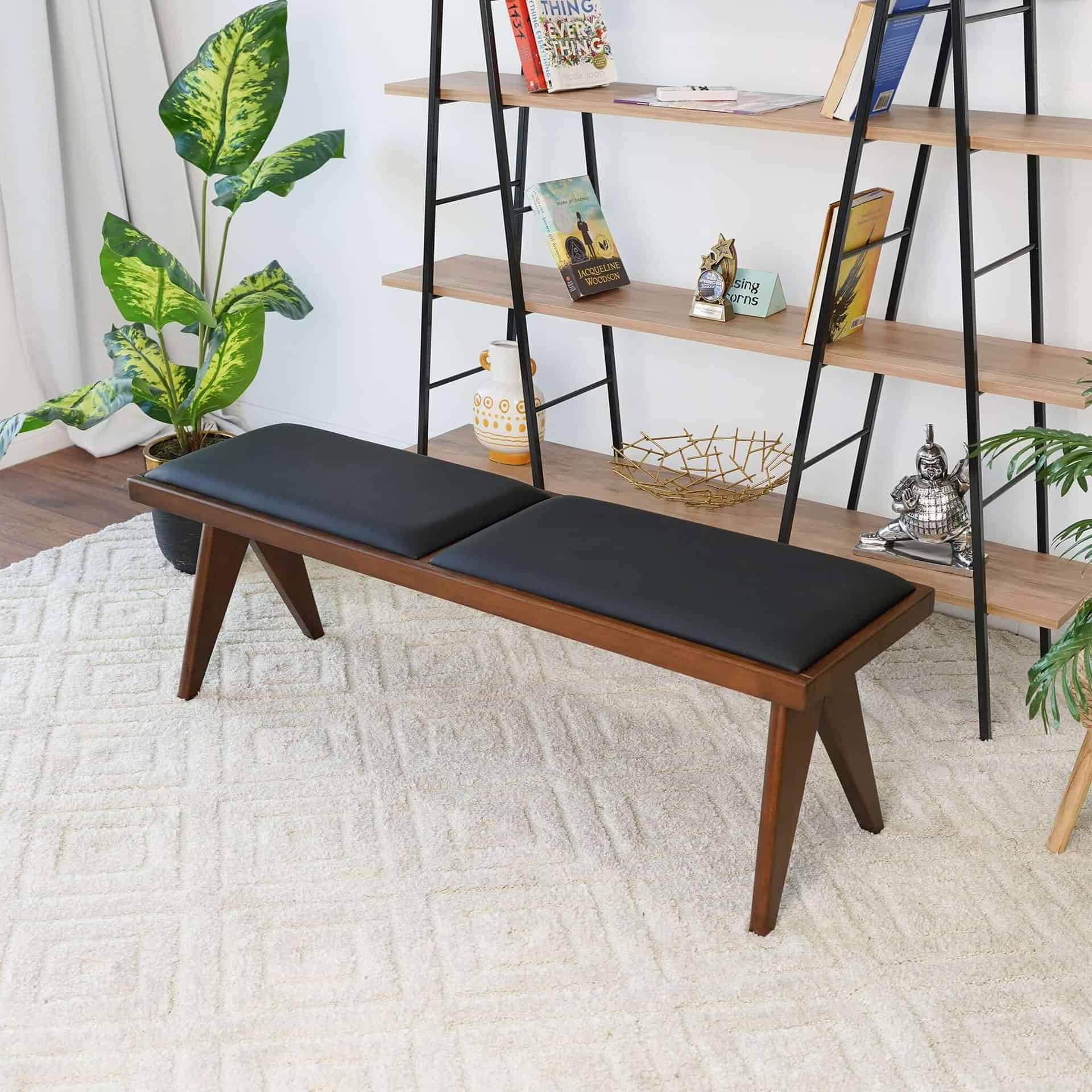 Black Faux Leather Mid Century Modern Bench with Walnut Base 9 Black Faux Leather Mid Century Modern Bench with Walnut Base
