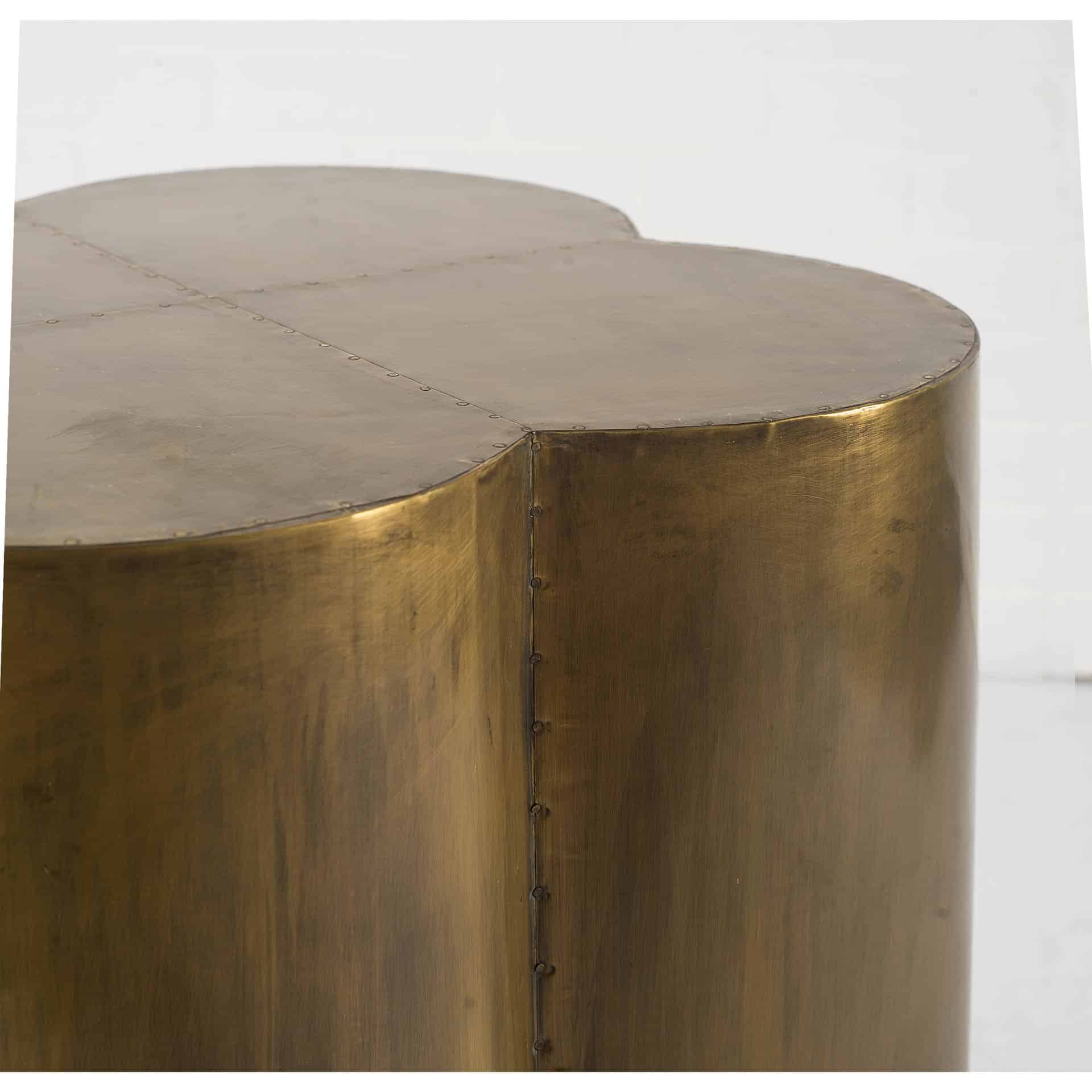 quatrefoil 18l x 18w gold flower w/ wooden top brass cladding accent table