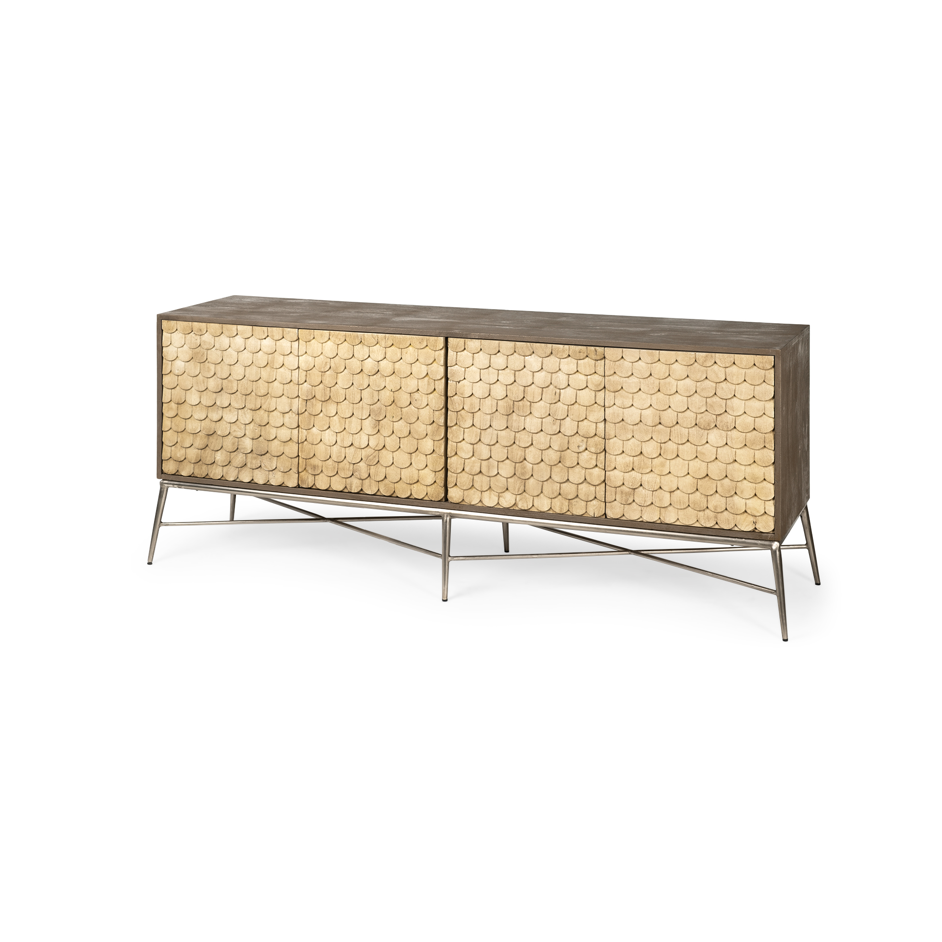 swordfish 72l x 19w x 30.25h two-tone brown wood cabinet silver metal base 4 cabinet door sideboard