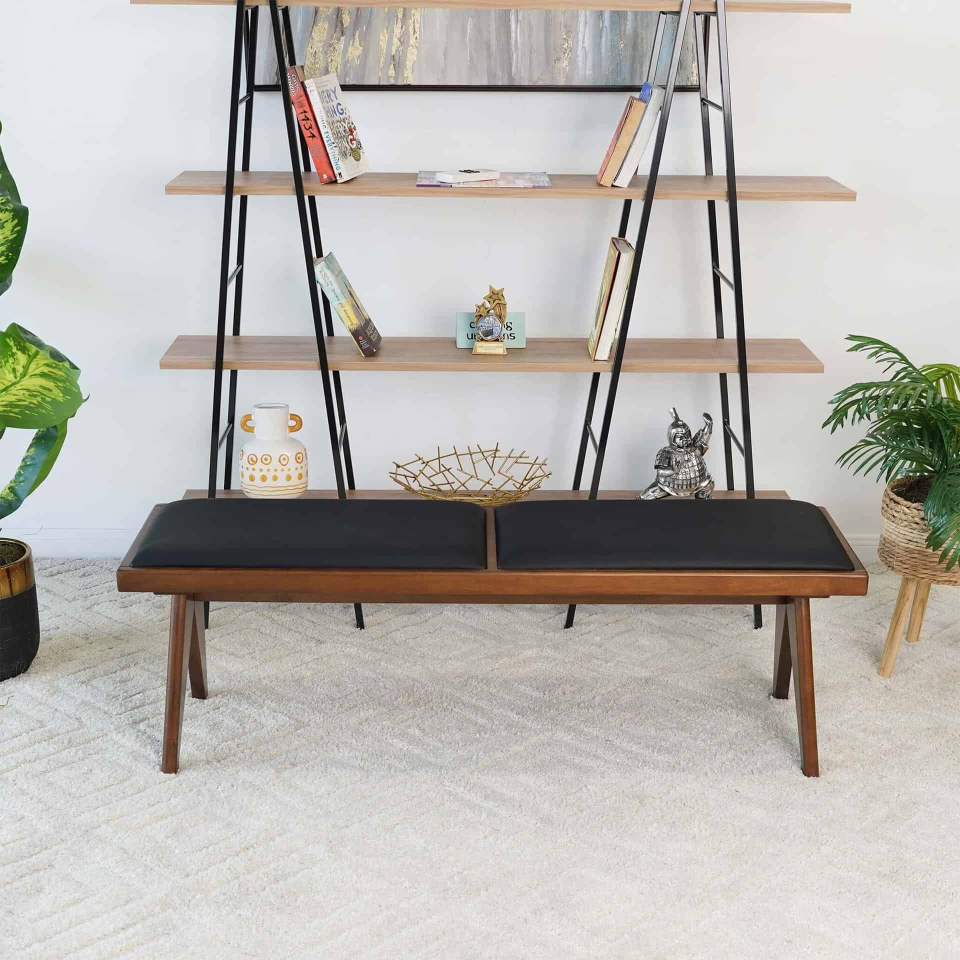 Black Faux Leather Mid Century Modern Bench with Walnut Base 10 Black Faux Leather Mid Century Modern Bench with Walnut Base