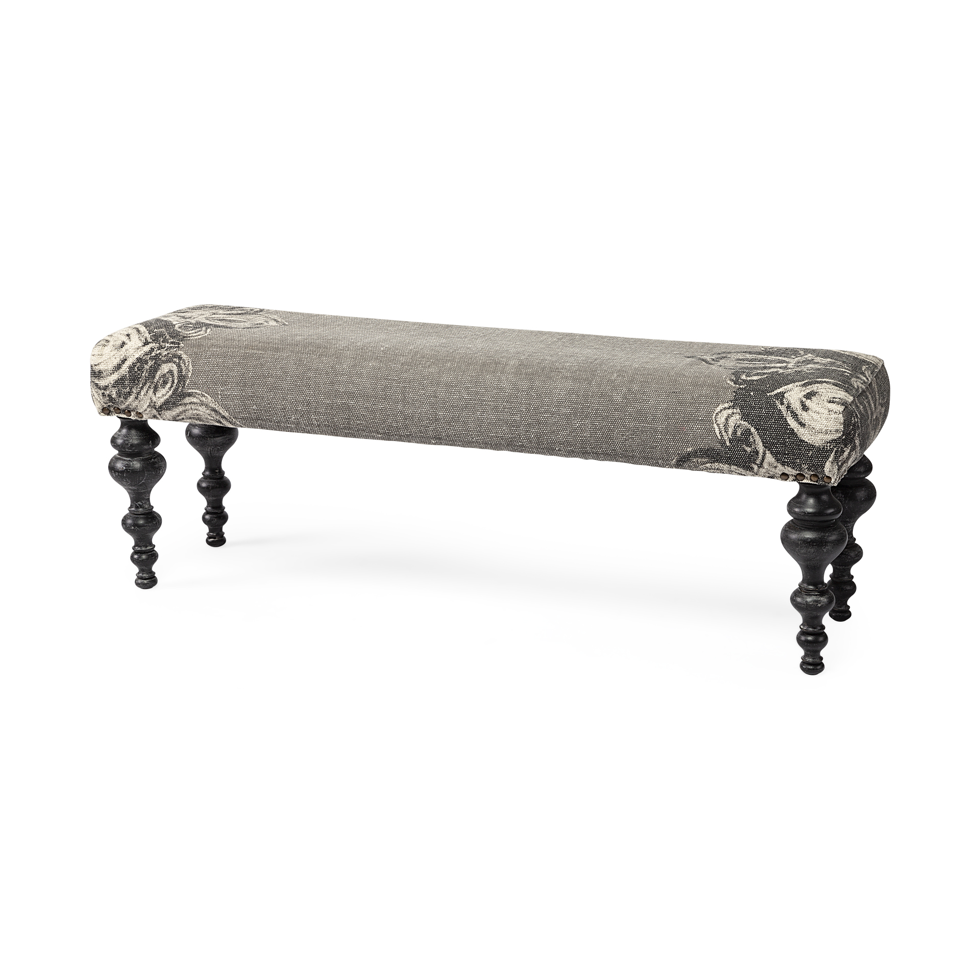 alhambra 55l x 14w upholstered gray seat w/black wood legs accent bench