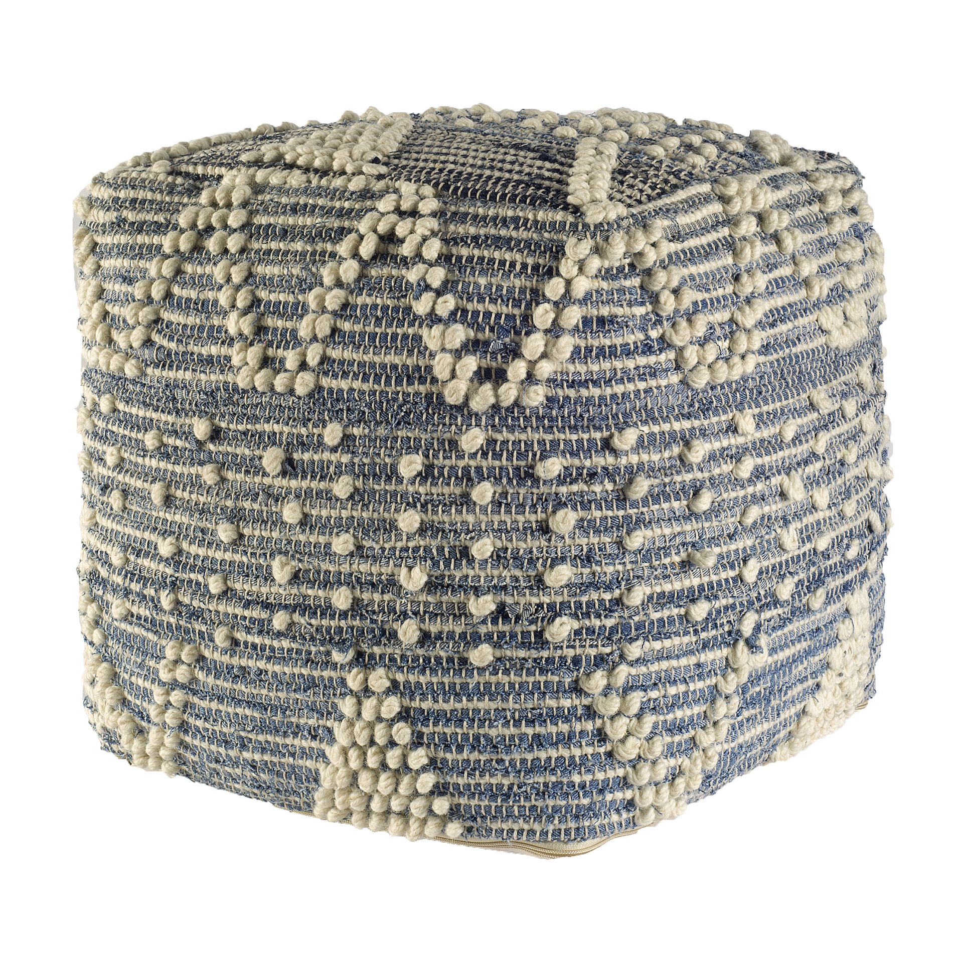 rofi blue denim and cream cotton stitched square pouf