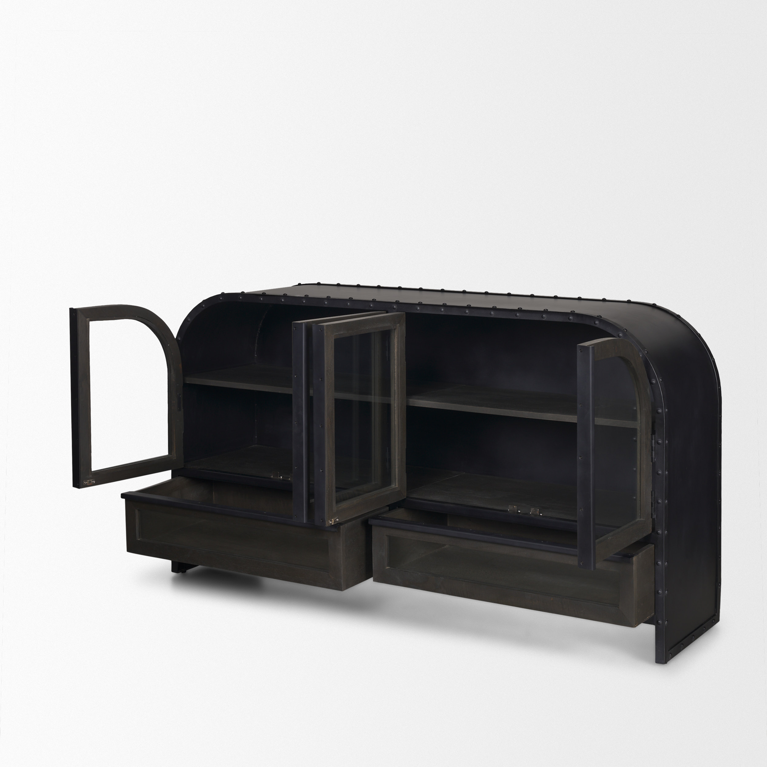 gehry i 62.3x16.5 black metal frame w/wood accent 4 cabinet door two drawer sideboard
