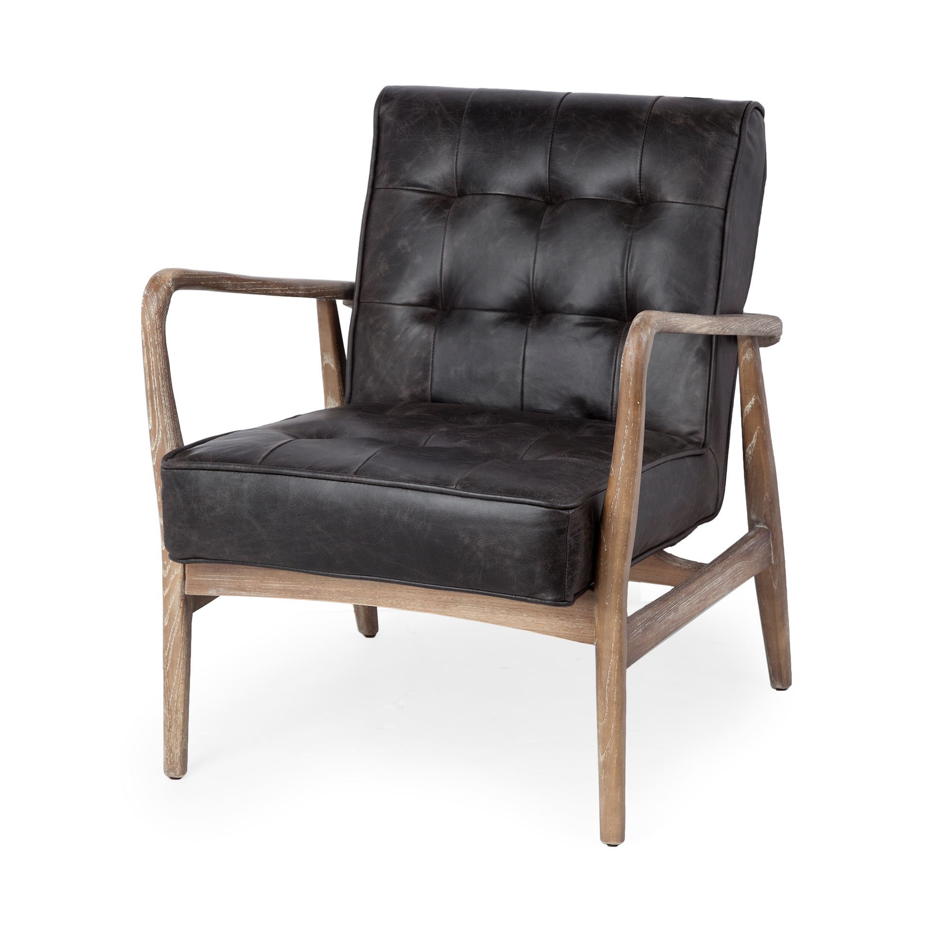 phineas black leather w/ brown wooden frame accent chair
