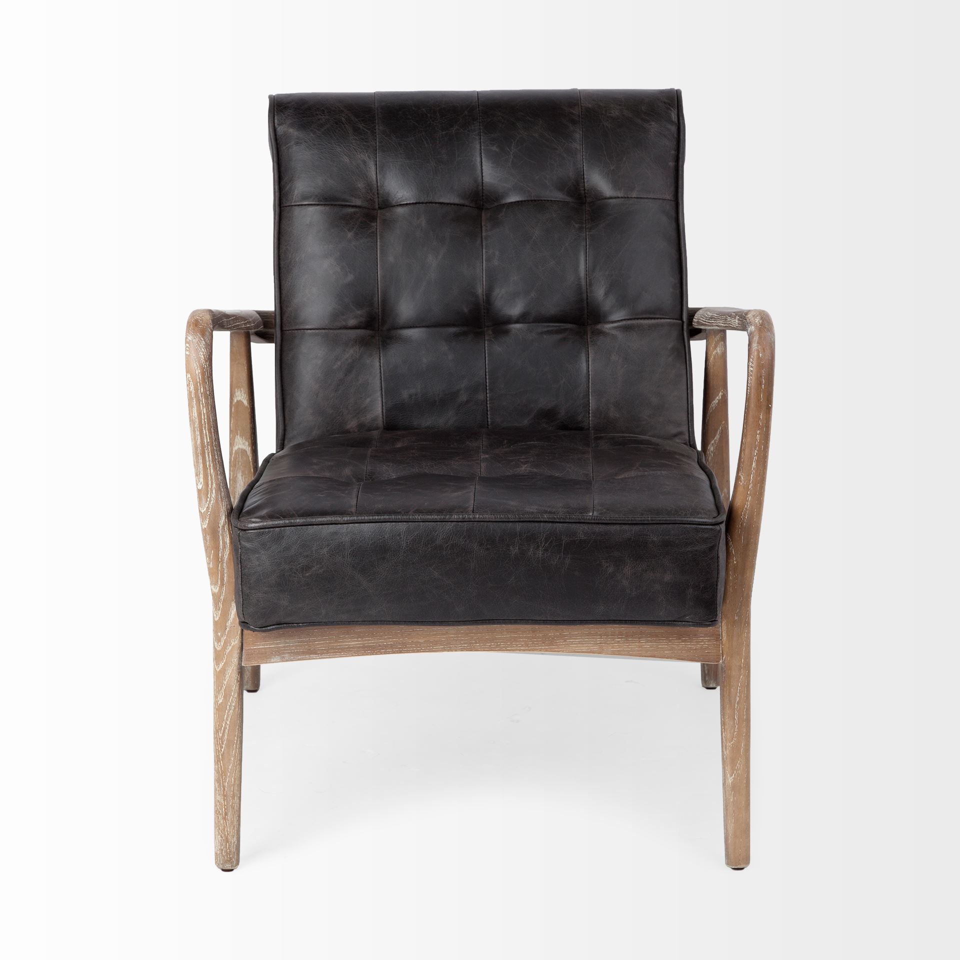 phineas black leather w/ brown wooden frame accent chair