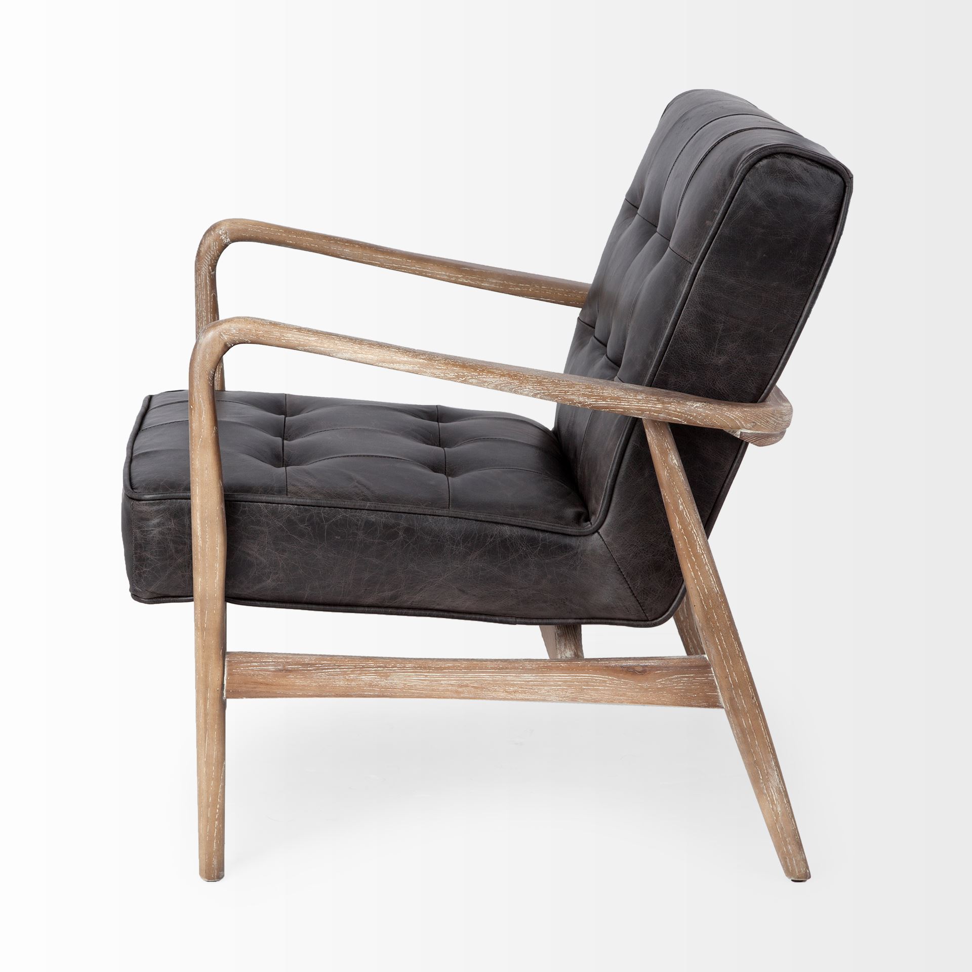 phineas black leather w/ brown wooden frame accent chair