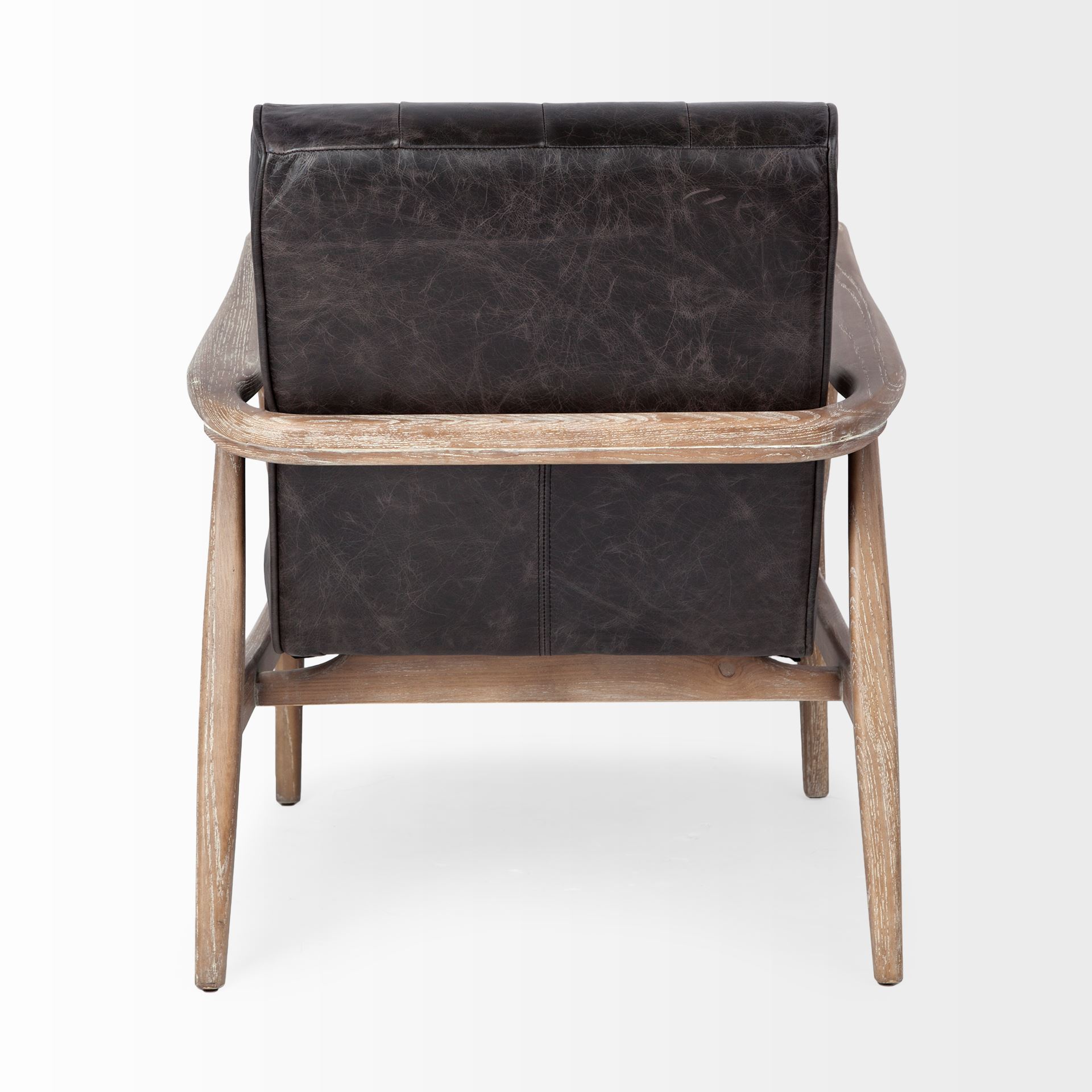 phineas black leather w/ brown wooden frame accent chair
