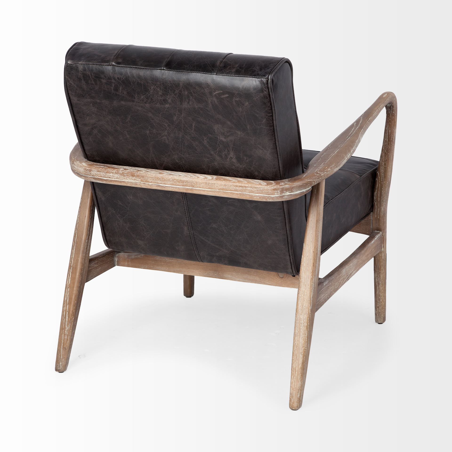 phineas black leather w/ brown wooden frame accent chair