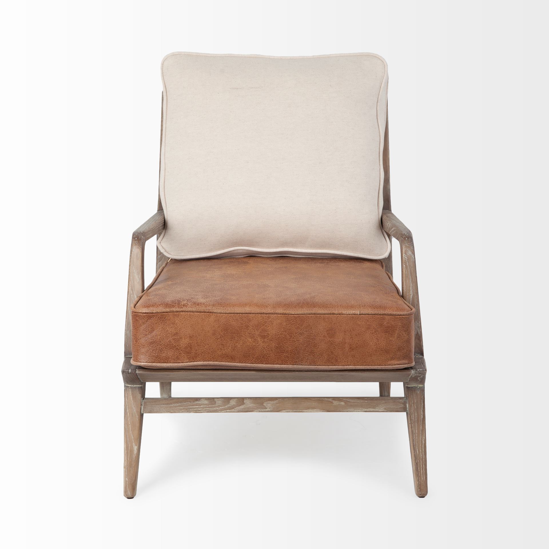 harman ii cream fabric and brown leather seat accent chair