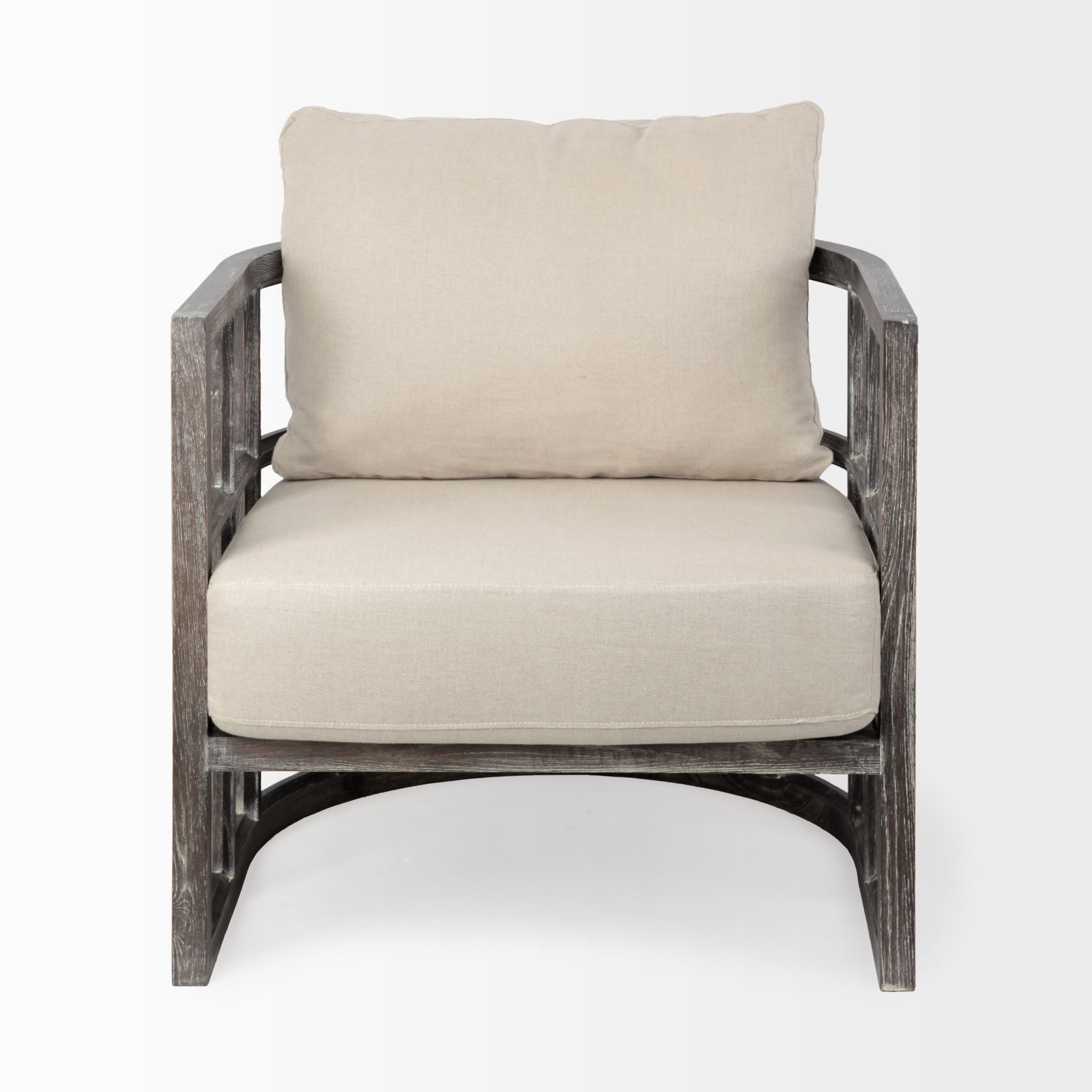 skylar i cream fabric covered cushioned demi-lune wooden frame accent chair