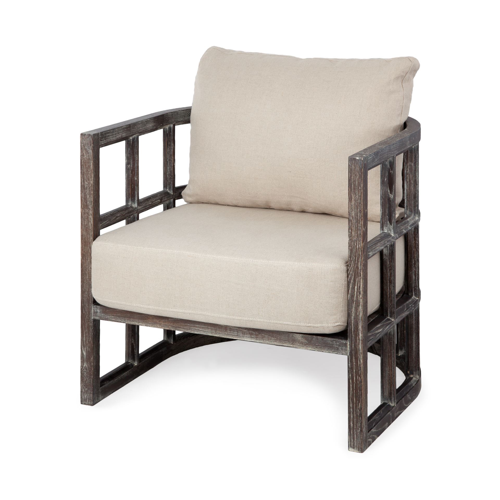 skylar i cream fabric covered cushioned demi-lune wooden frame accent chair