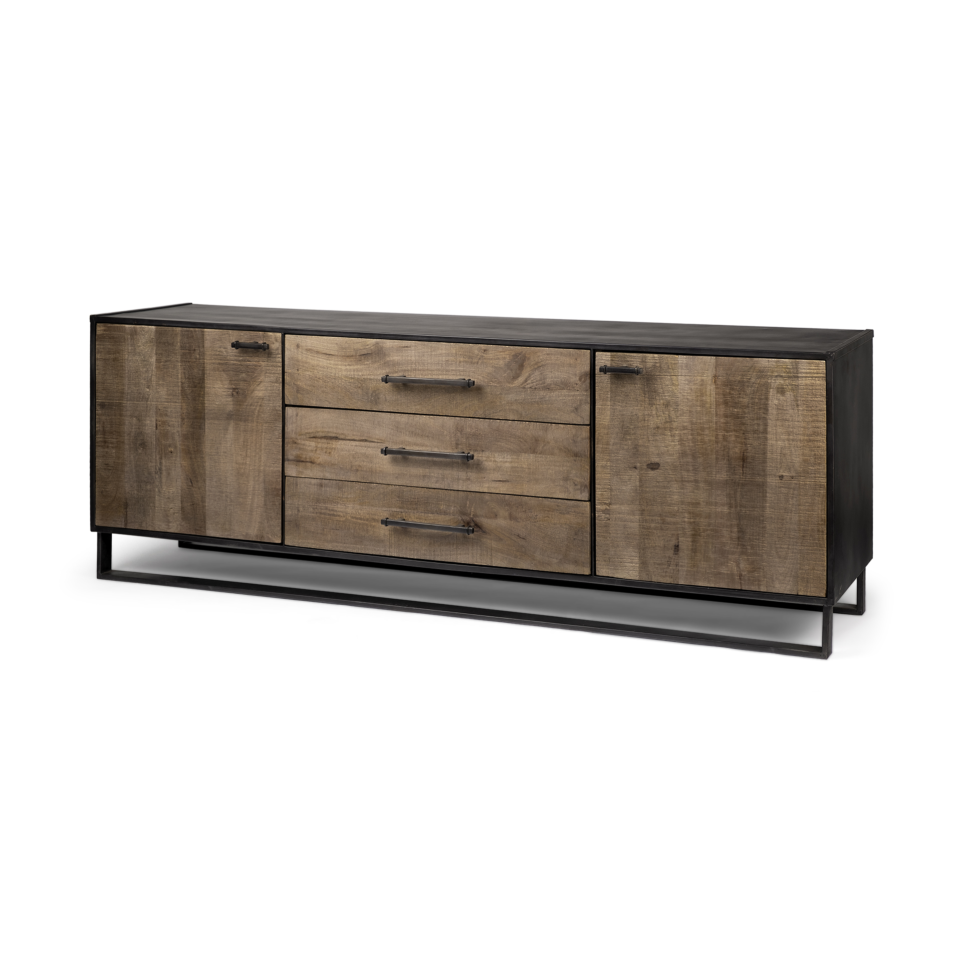 alvin 82x20 brown solid wood with black metal frame 3 drawer 2 cabinet door sideboard