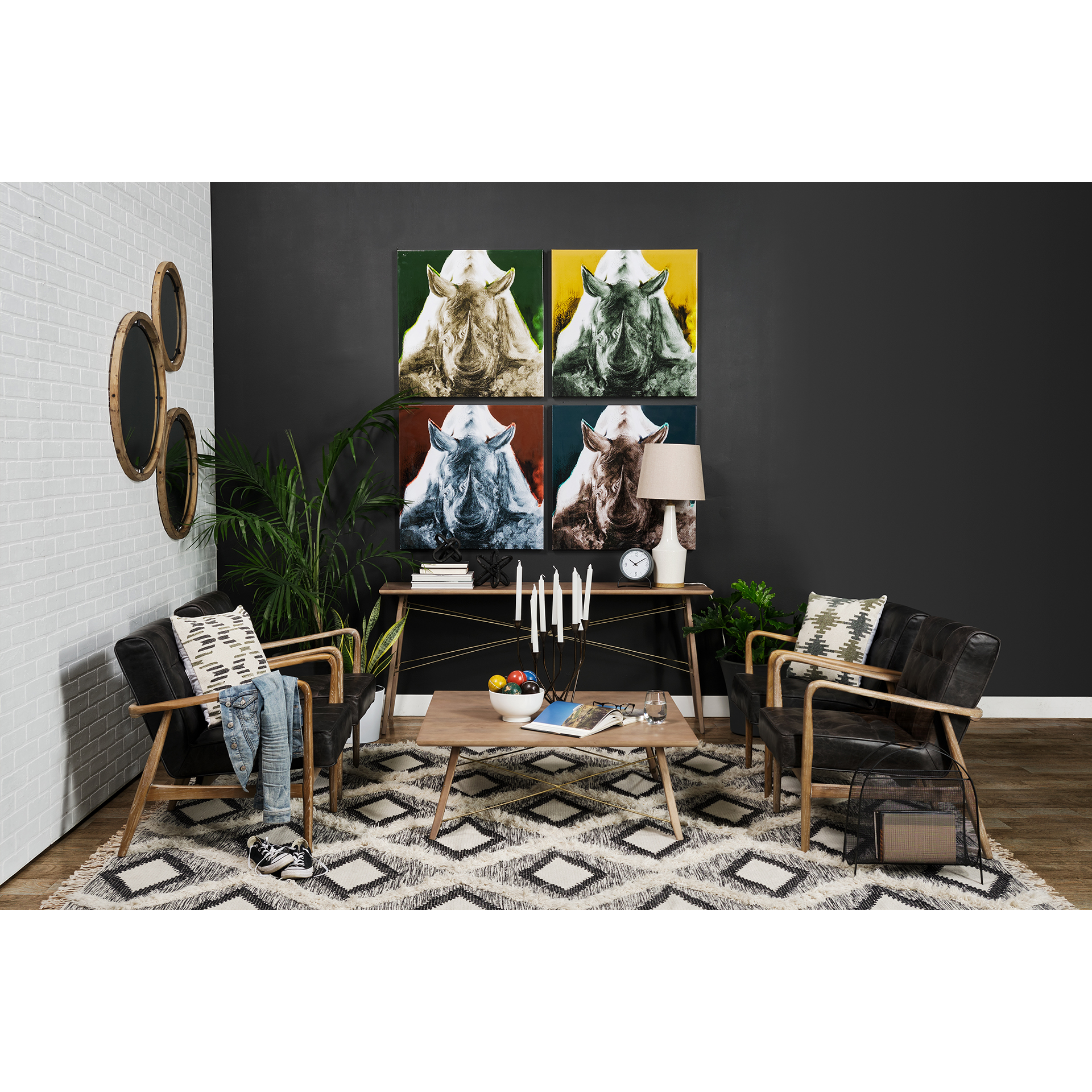 phineas black leather w/ brown wooden frame accent chair