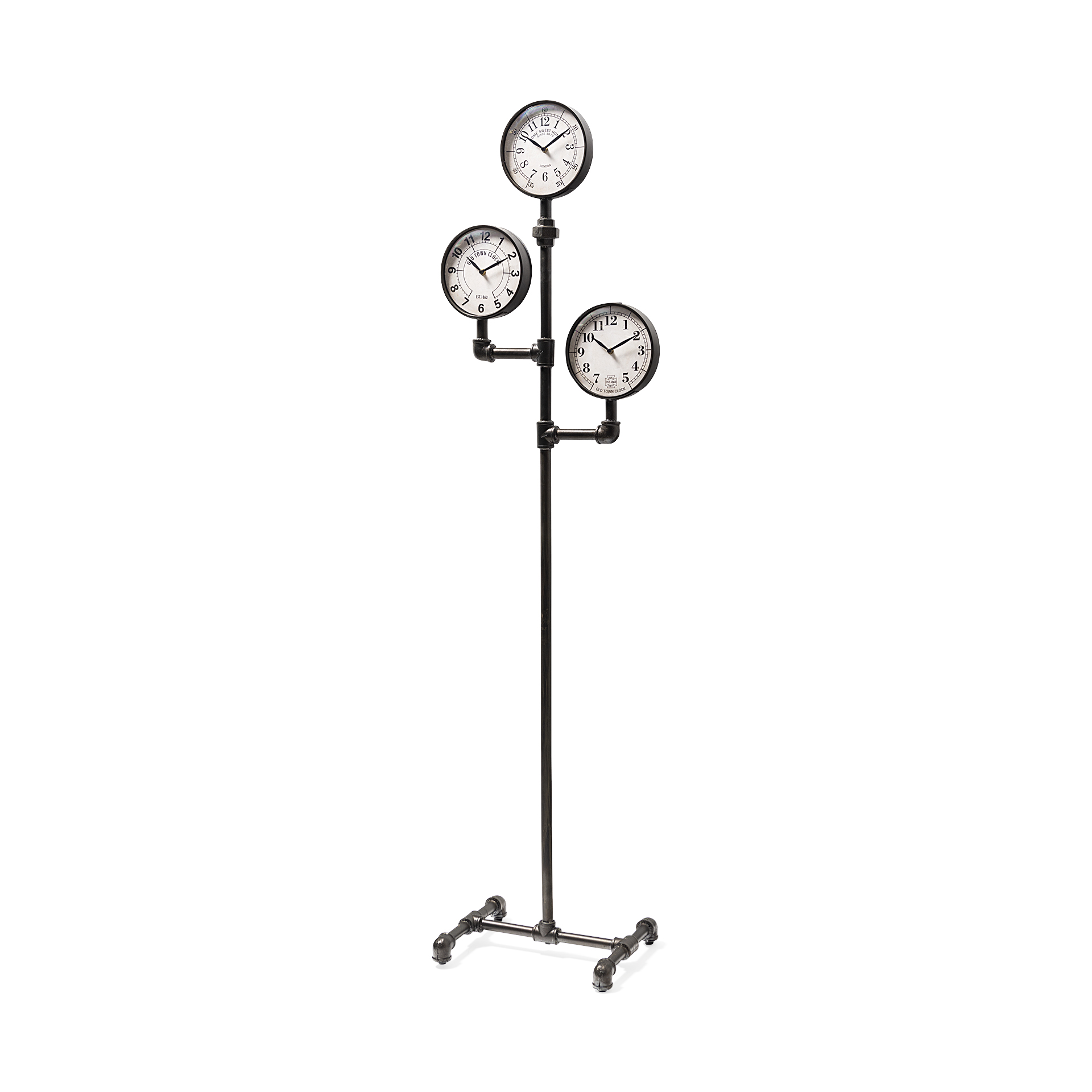 trifect black iron pipe three face floor clock
