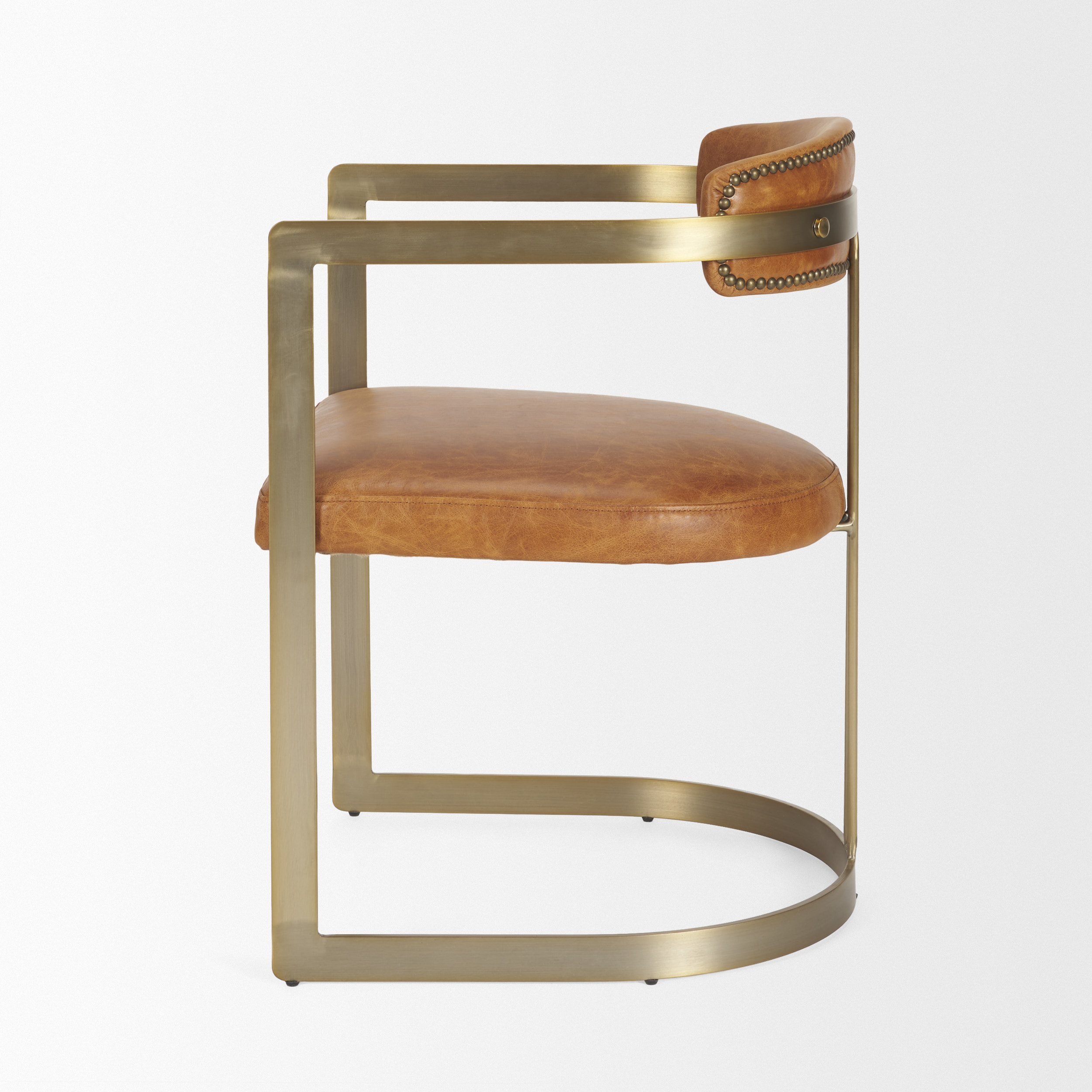 hollyfield i brown leather seat gold iron frame dining chair