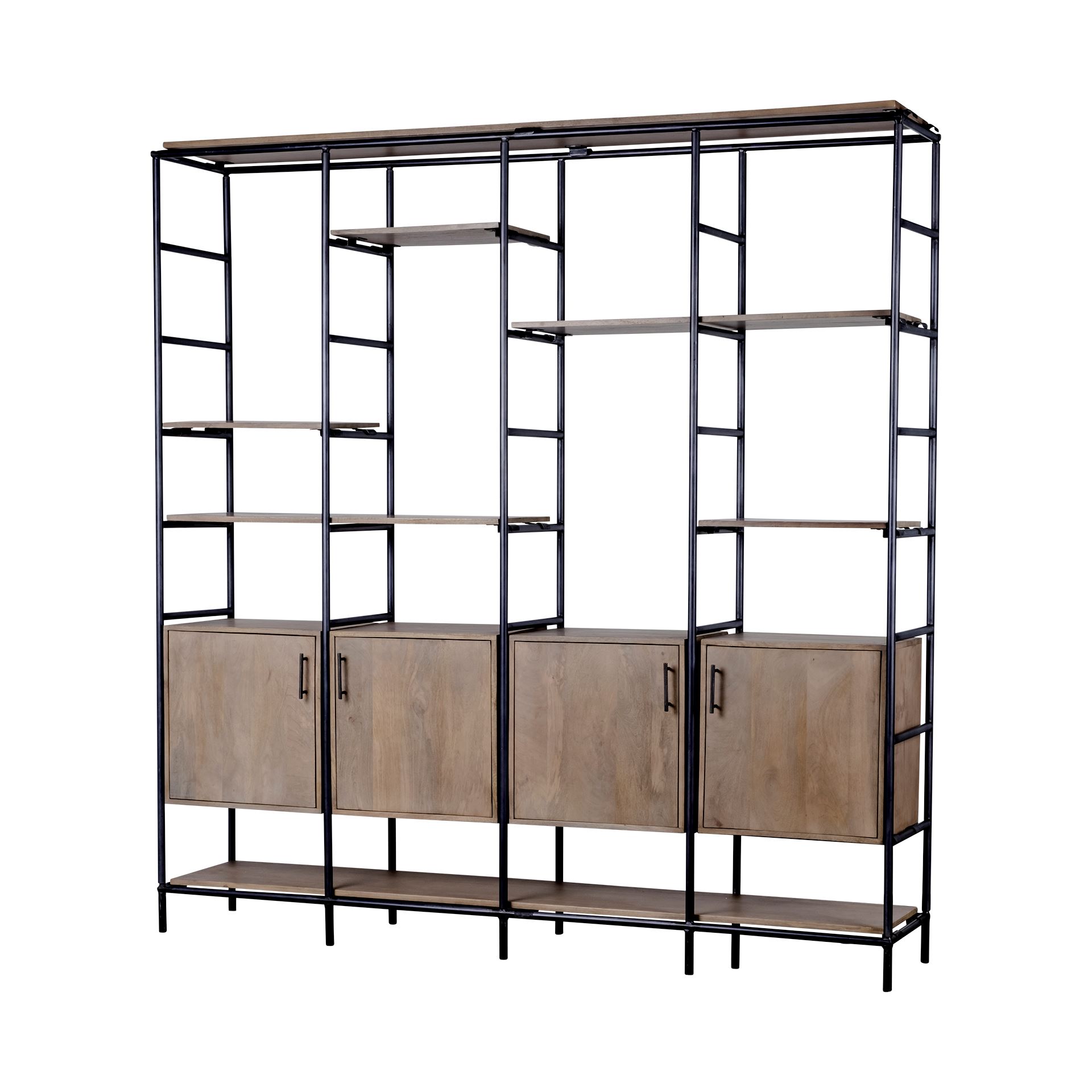darius 82l x 16.5w x 90h medium brown wood and metal multi-shelf shelving unit