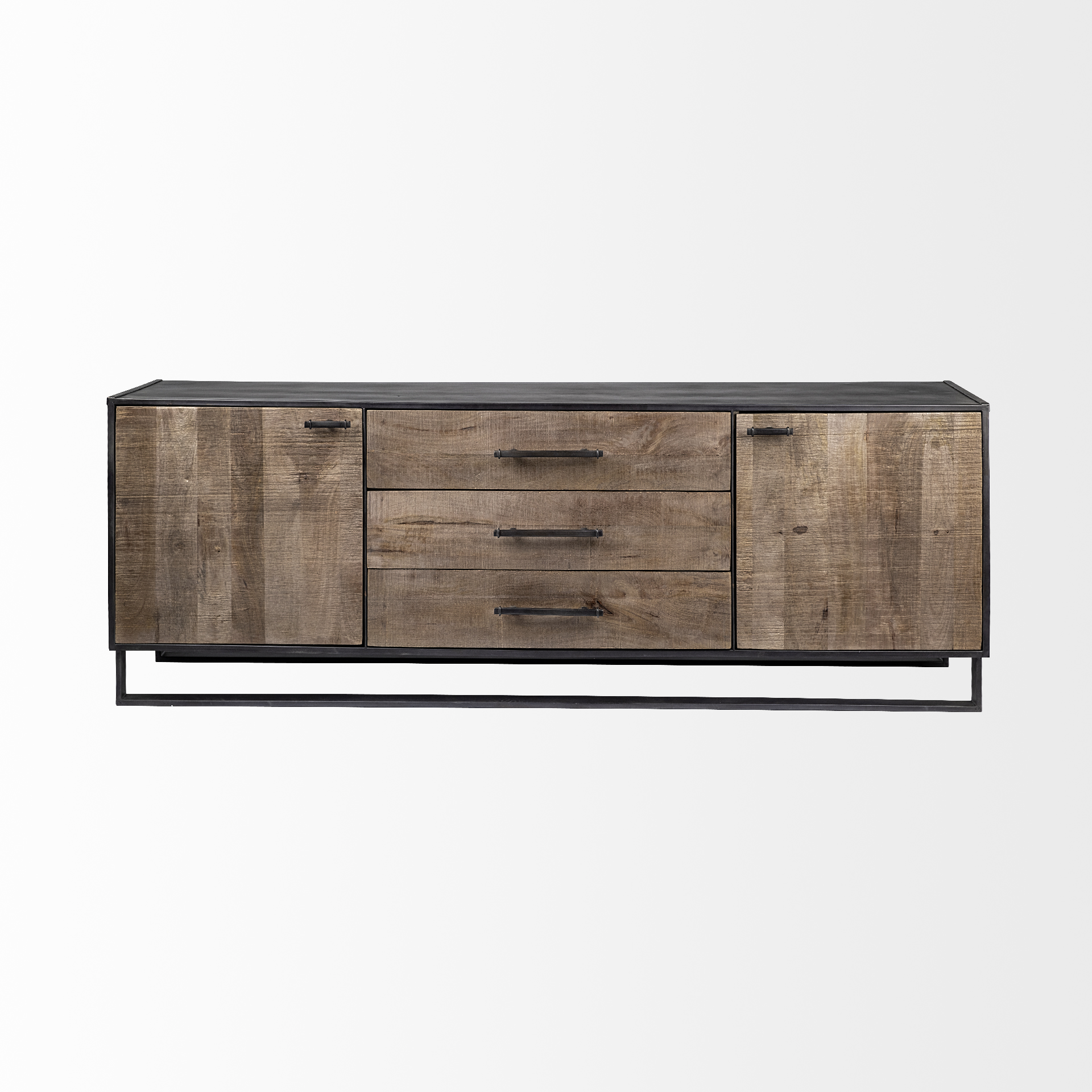 alvin 82x20 brown solid wood with black metal frame 3 drawer 2 cabinet door sideboard