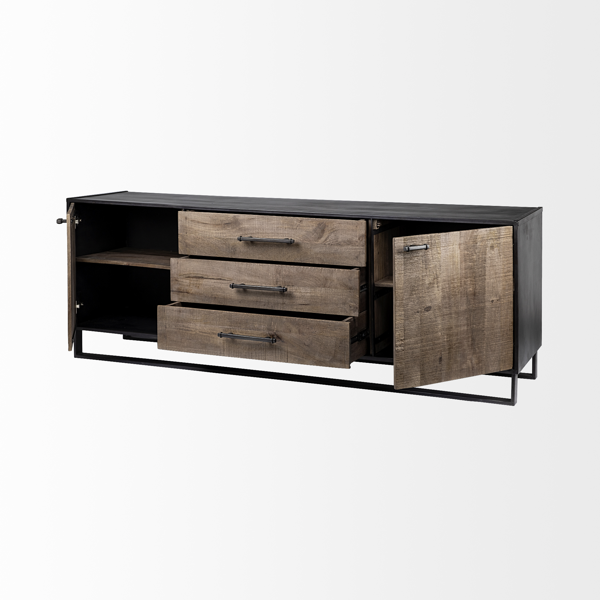 alvin 82x20 brown solid wood with black metal frame 3 drawer 2 cabinet door sideboard