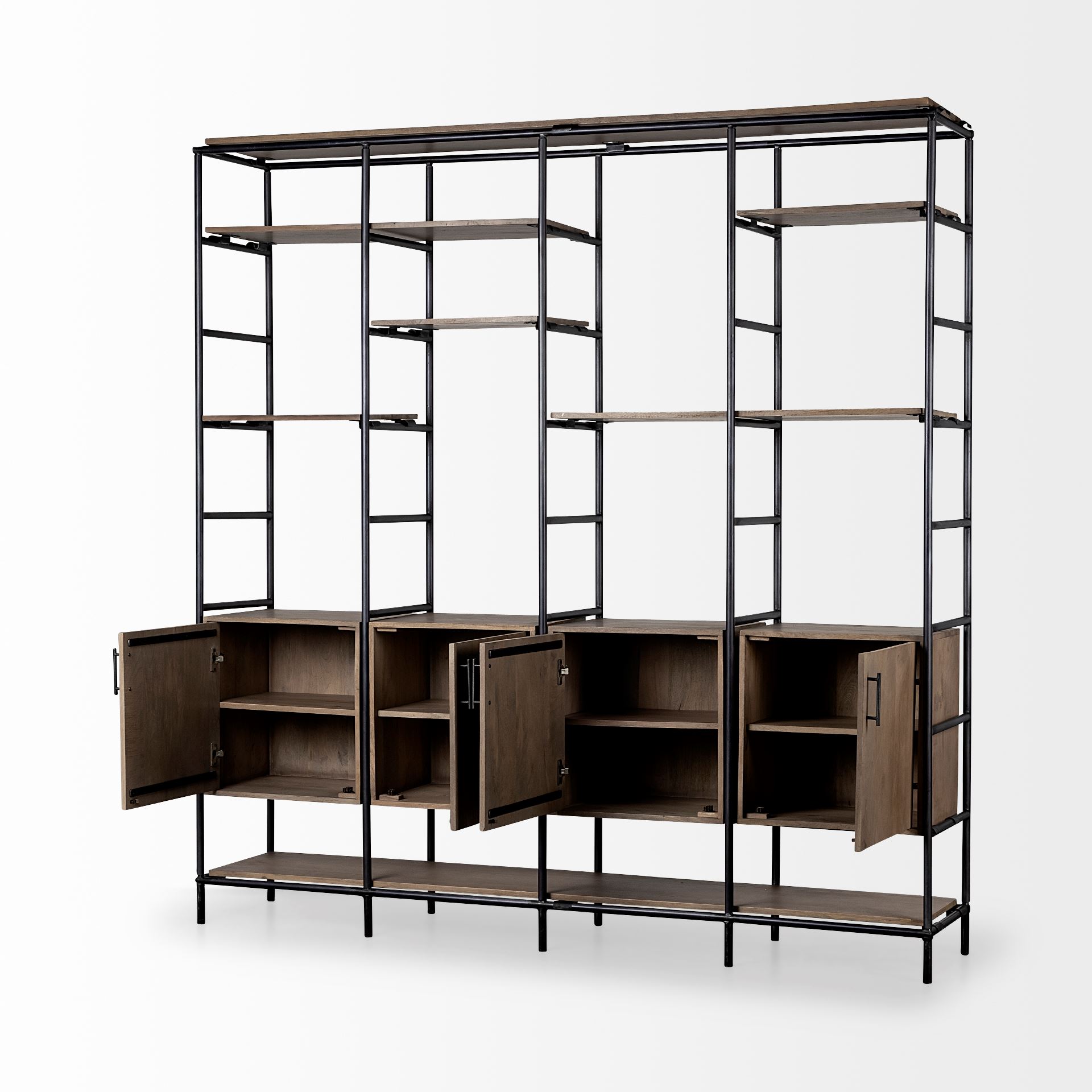 darius 82l x 16.5w x 90h medium brown wood and metal multi-shelf shelving unit