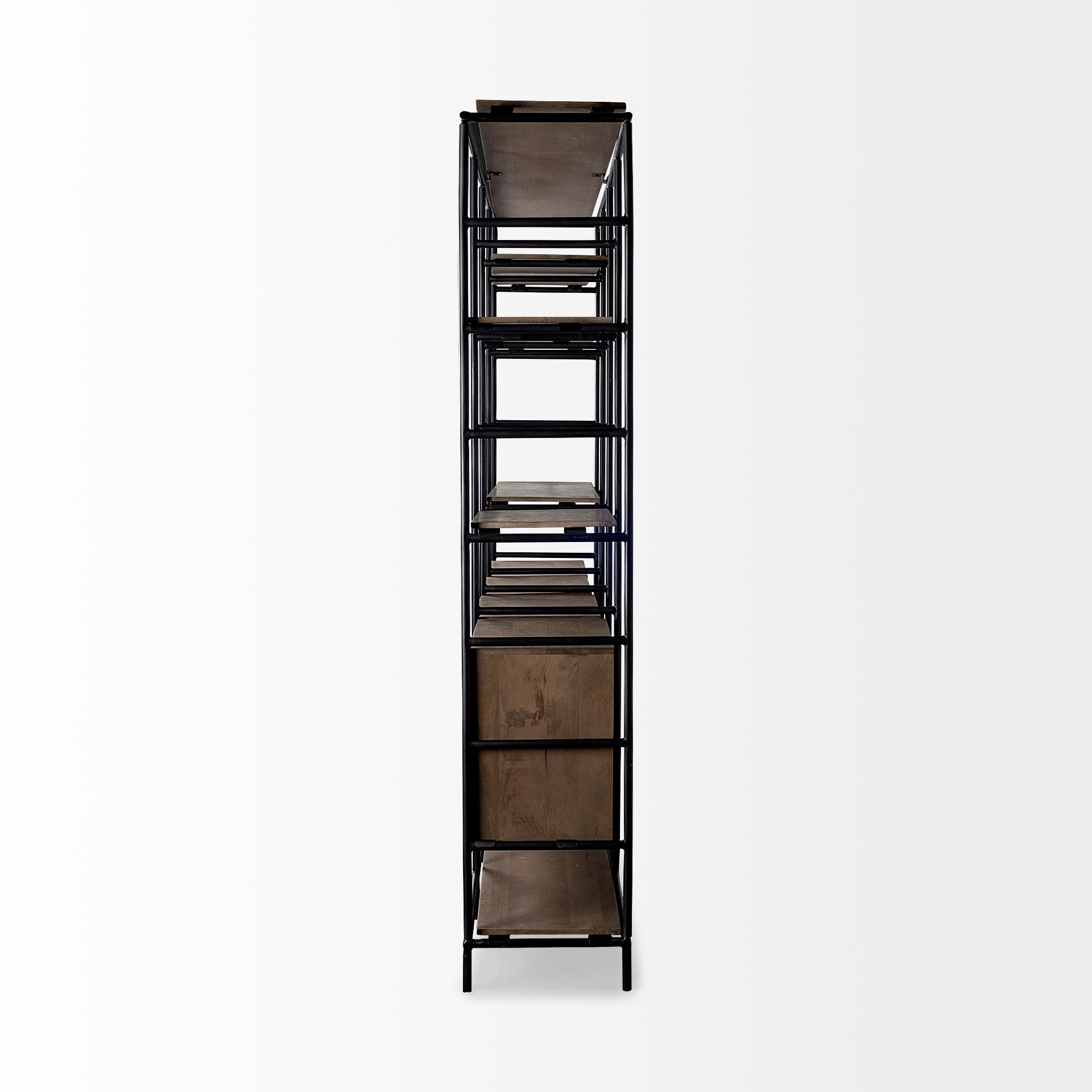 darius 82l x 16.5w x 90h medium brown wood and metal multi-shelf shelving unit