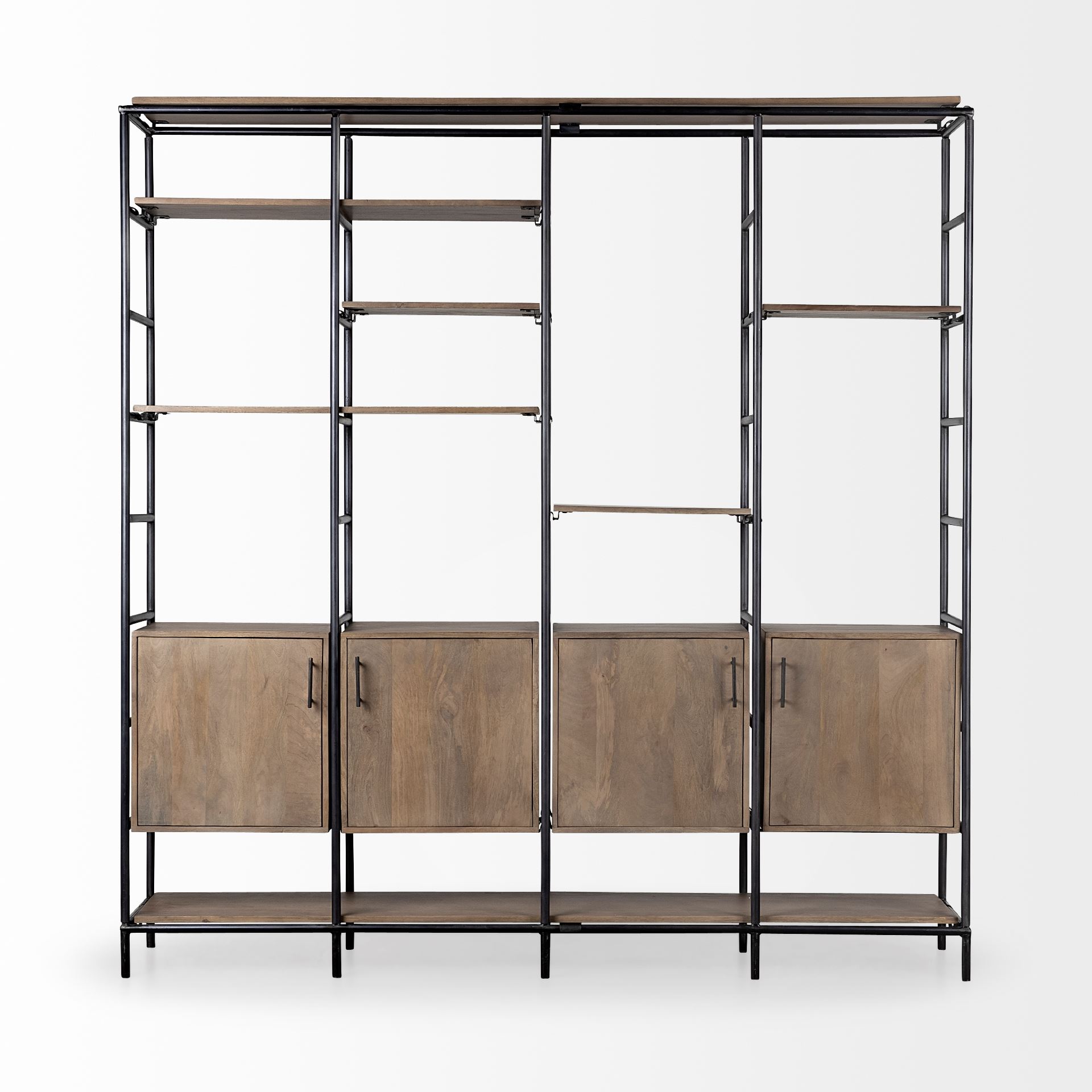 darius 82l x 16.5w x 90h medium brown wood and metal multi-shelf shelving unit