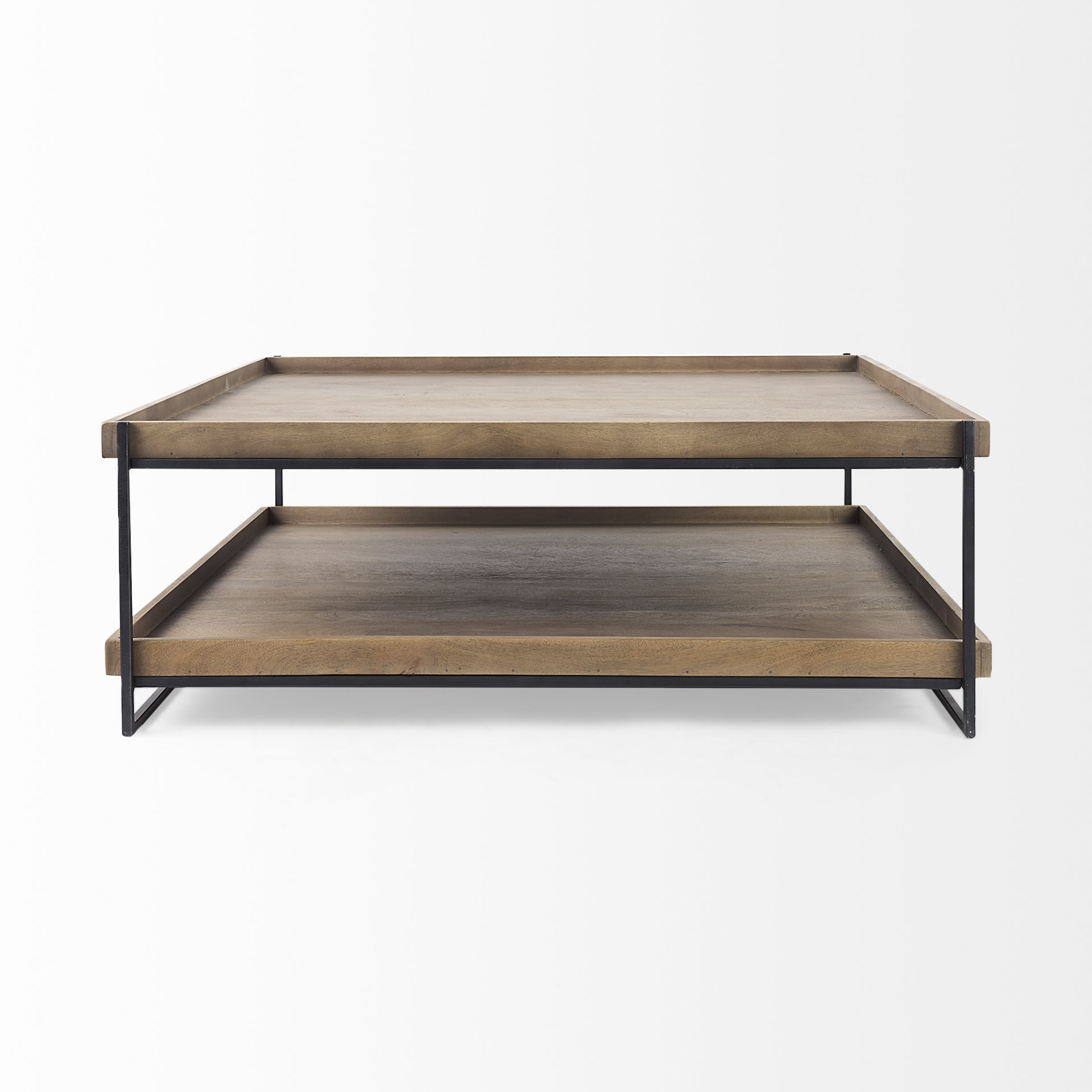 trey 48x46 rectangular brown solid wood top table black metal frame two-tier coffee table