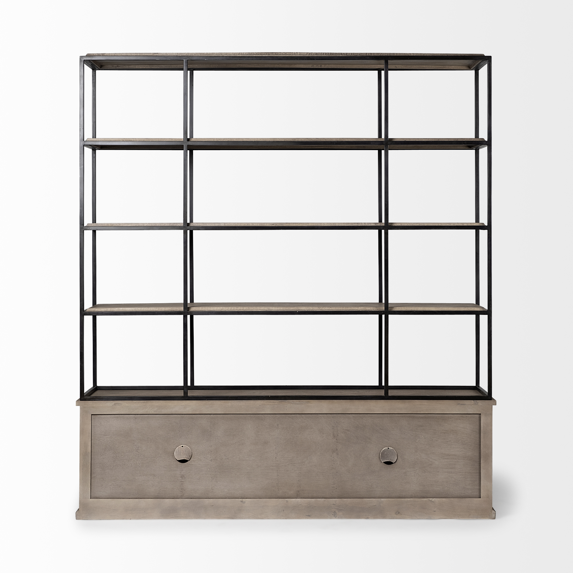 braxton i light brown wood and iron three shelf shelving unit 81.5l x 18.5w x 90