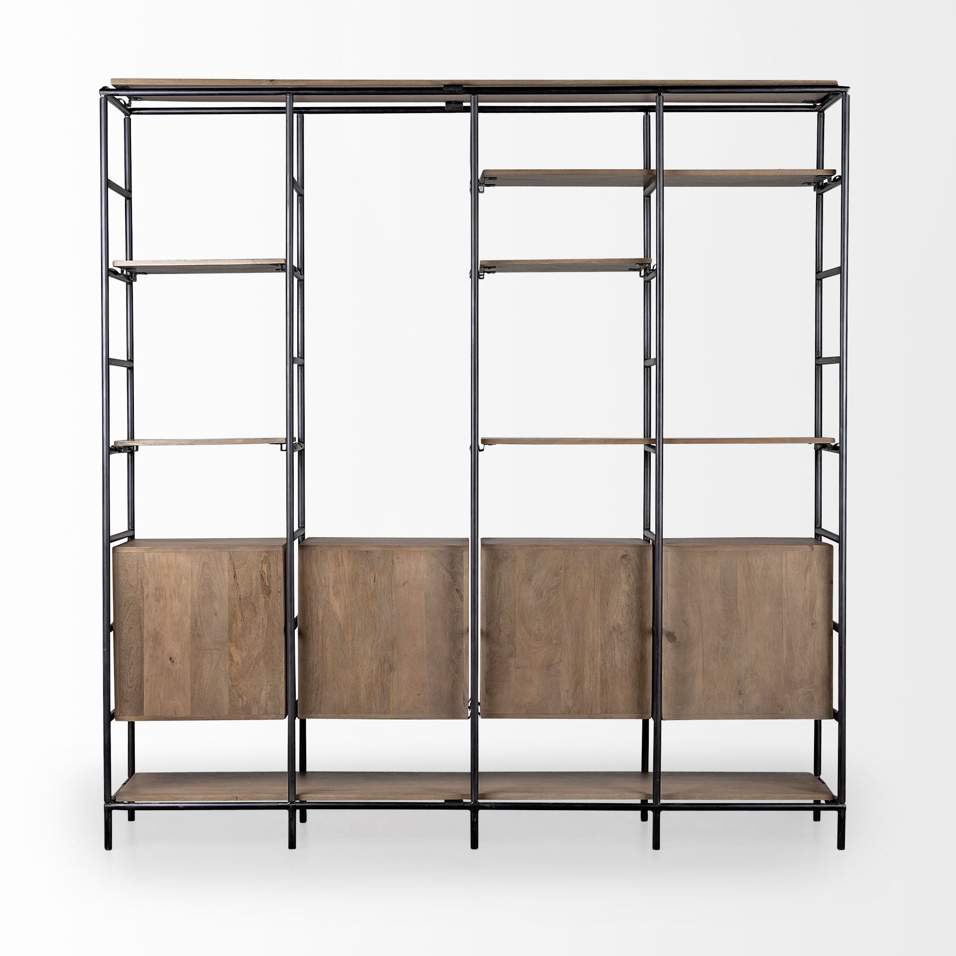 darius 82l x 16.5w x 90h medium brown wood and metal multi-shelf shelving unit