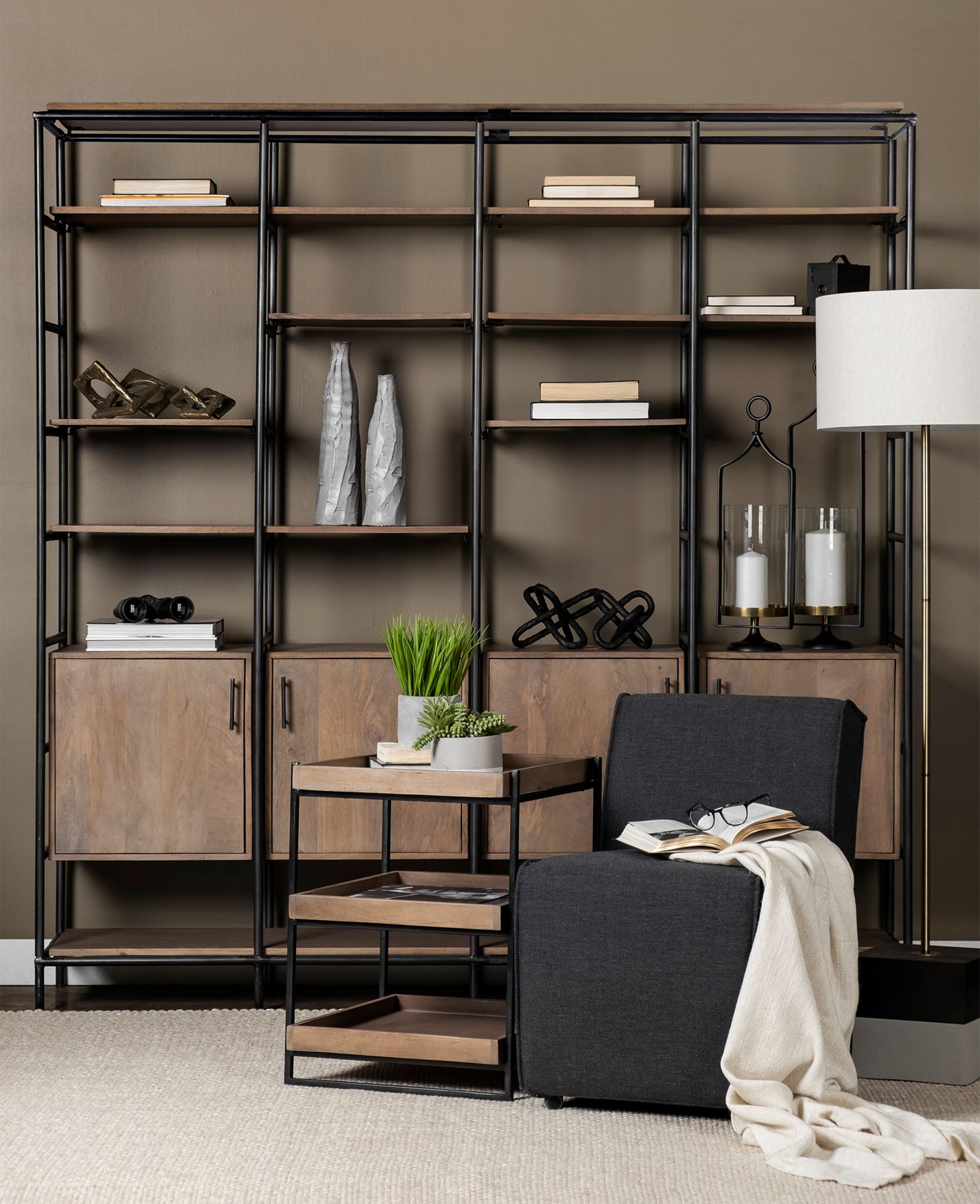 darius 82l x 16.5w x 90h medium brown wood and metal multi-shelf shelving unit