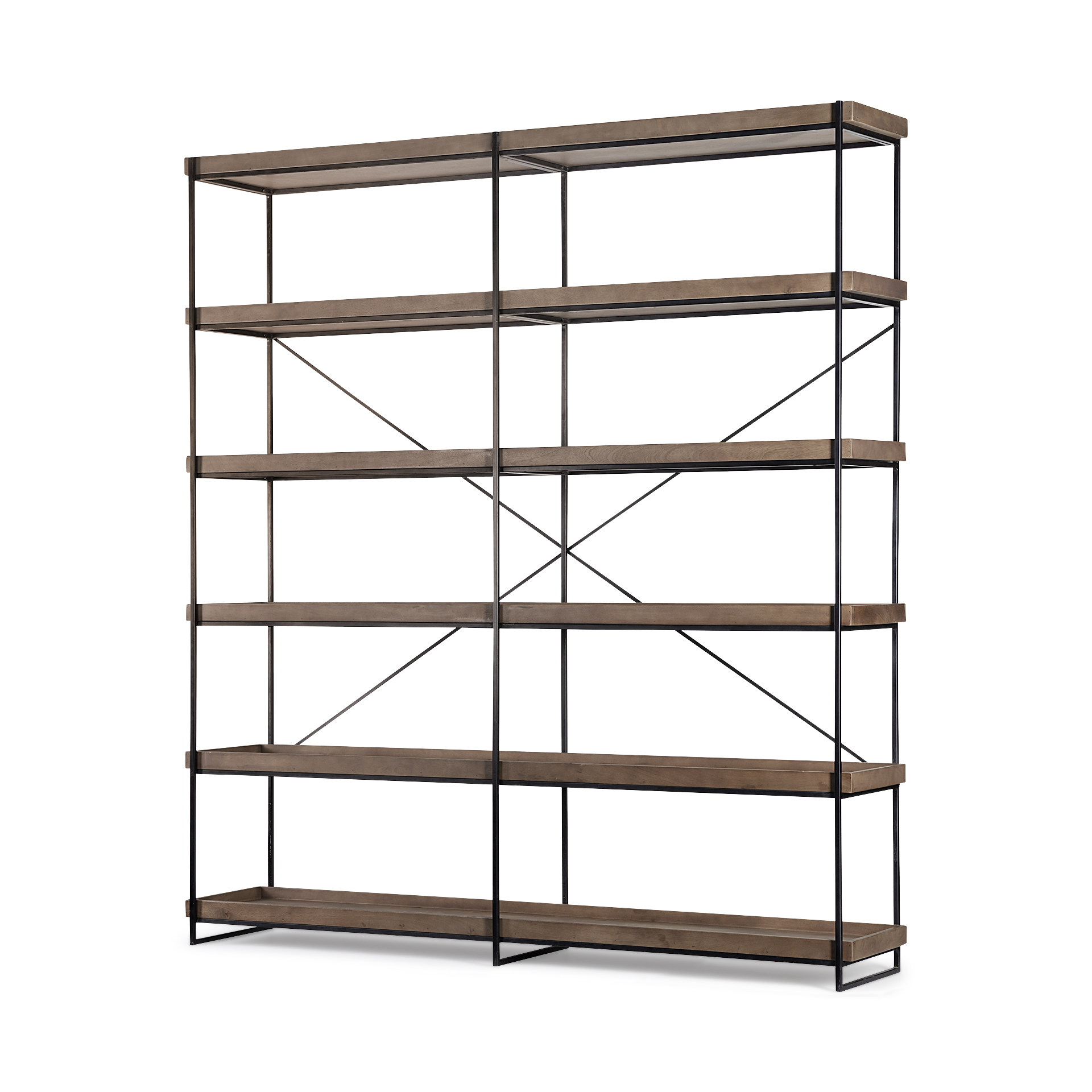 trey iv 80l x 16w x 87.5h medium brown wood and iron five tray shelf shelving unit