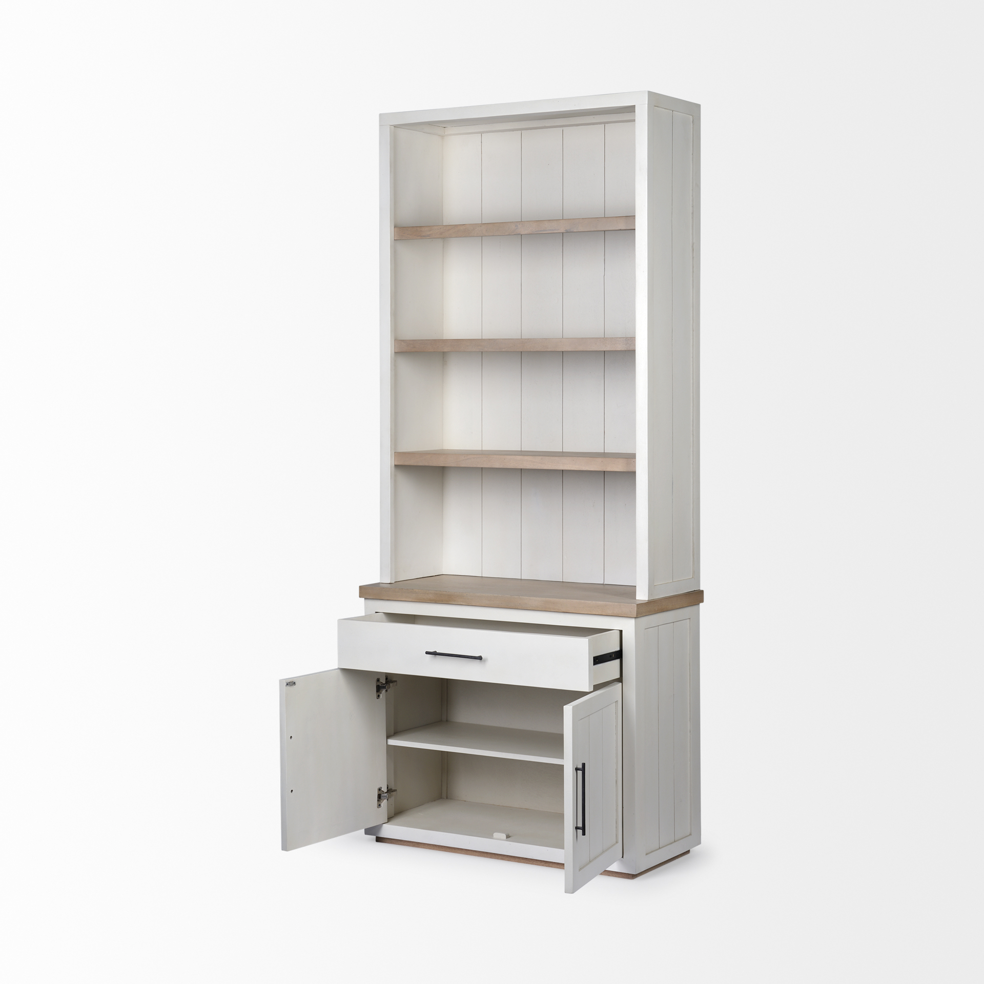 fairview i white and medium brown wood three shelf shelving unit
