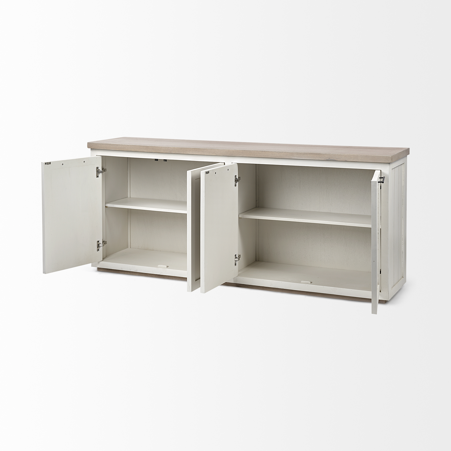 fairview iii solid wood brown top & white frame 4 cabinet door sideboard