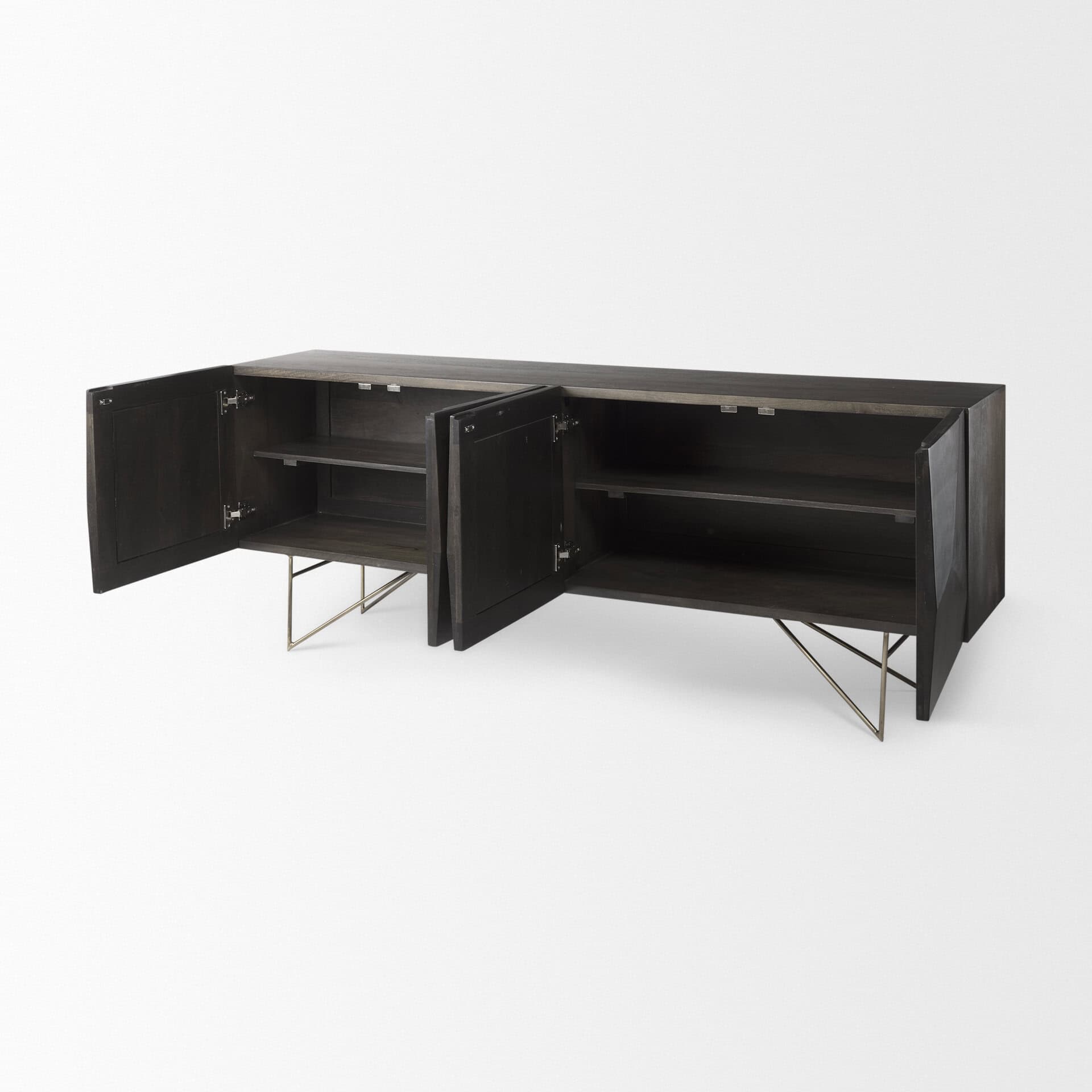 darwin 80x17.5 brown solid wood gold metal base 4 cabinet door sideboard