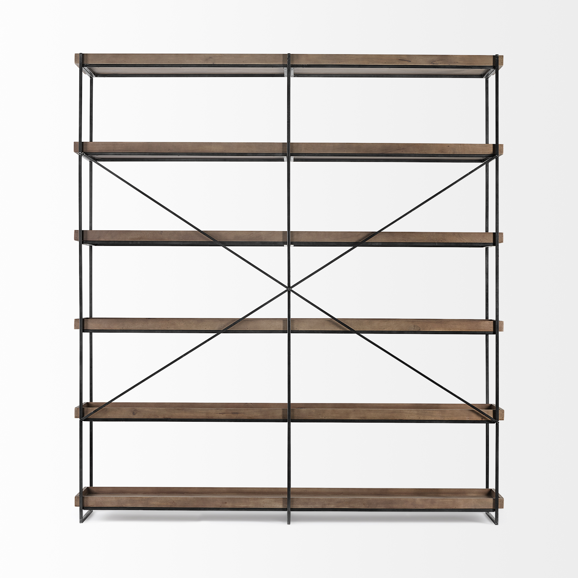 trey iv 80l x 16w x 87.5h medium brown wood and iron five tray shelf shelving unit
