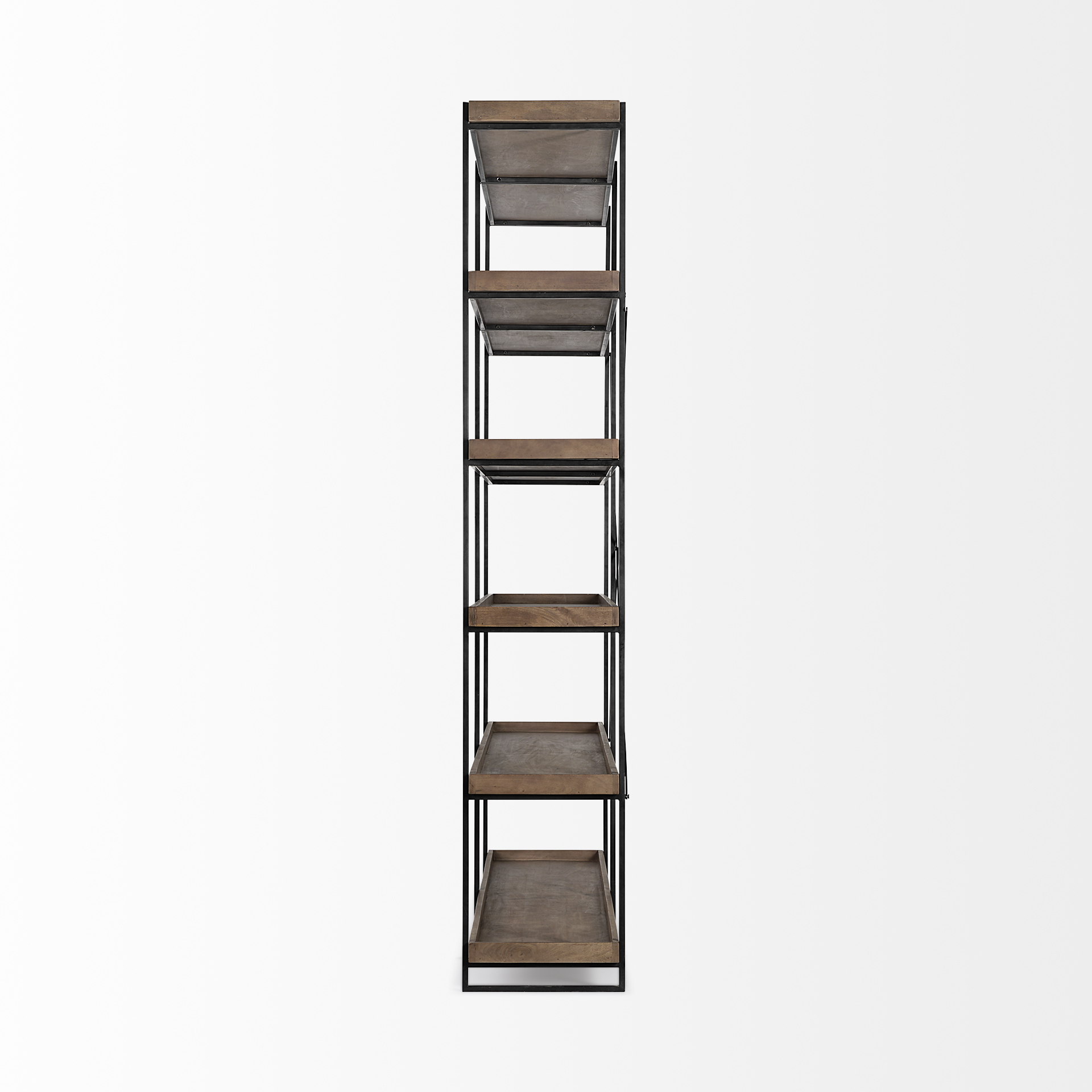 trey iv 80l x 16w x 87.5h medium brown wood and iron five tray shelf shelving unit