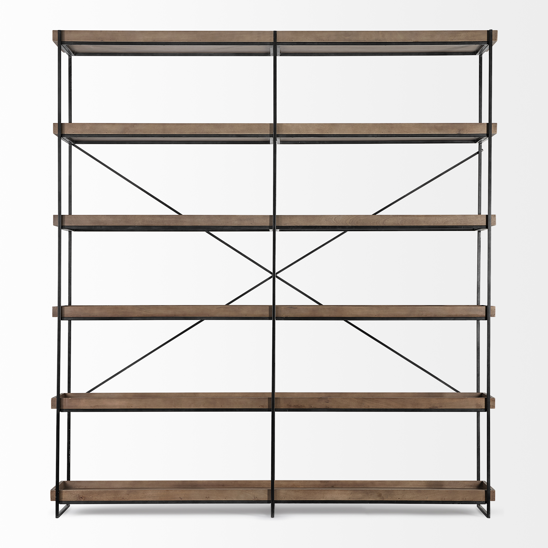 trey iv 80l x 16w x 87.5h medium brown wood and iron five tray shelf shelving unit