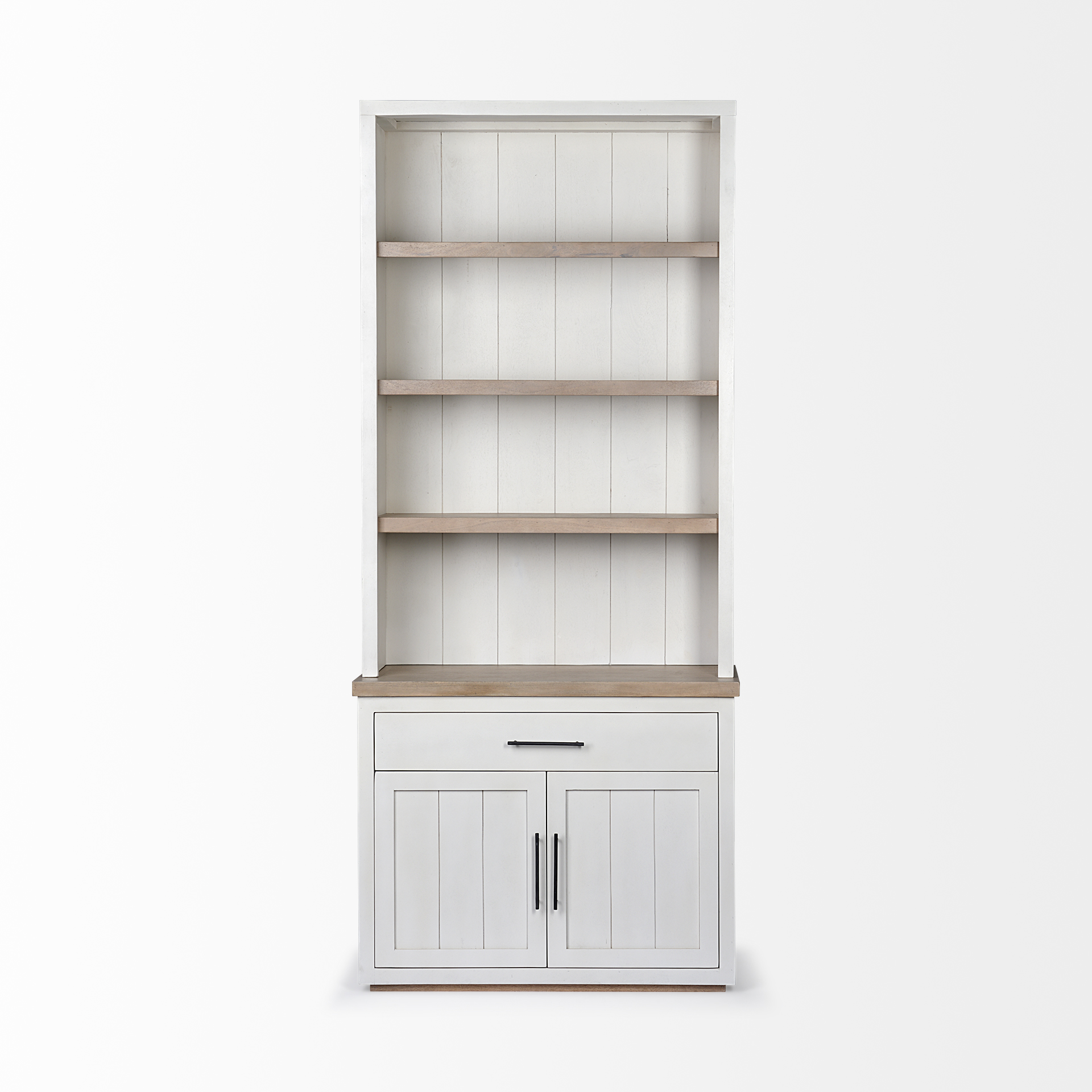 fairview i white and medium brown wood three shelf shelving unit