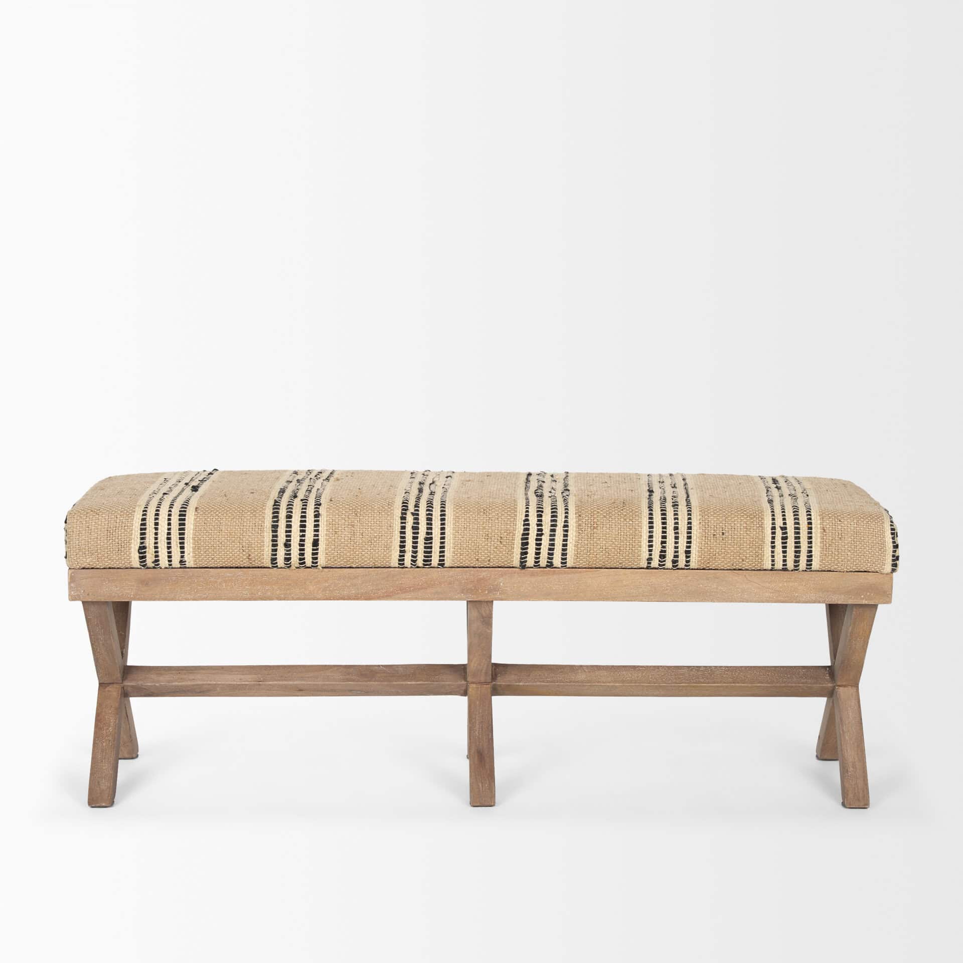 Solis 50L x 16W Brown Base Upholstered Beige/Black Stripe Seat Accent Bench