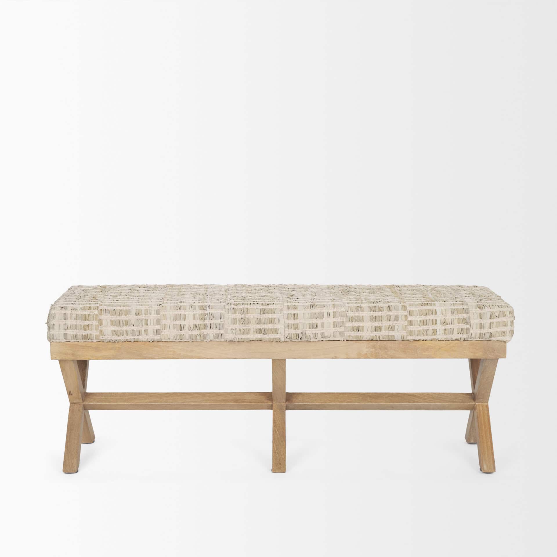 solis ii 50l x 16w brown base beige woven leather cushion accent bench