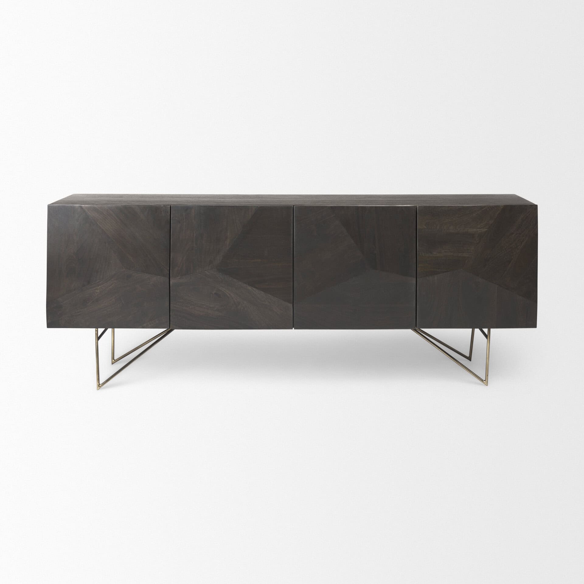darwin 80x17.5 brown solid wood gold metal base 4 cabinet door sideboard