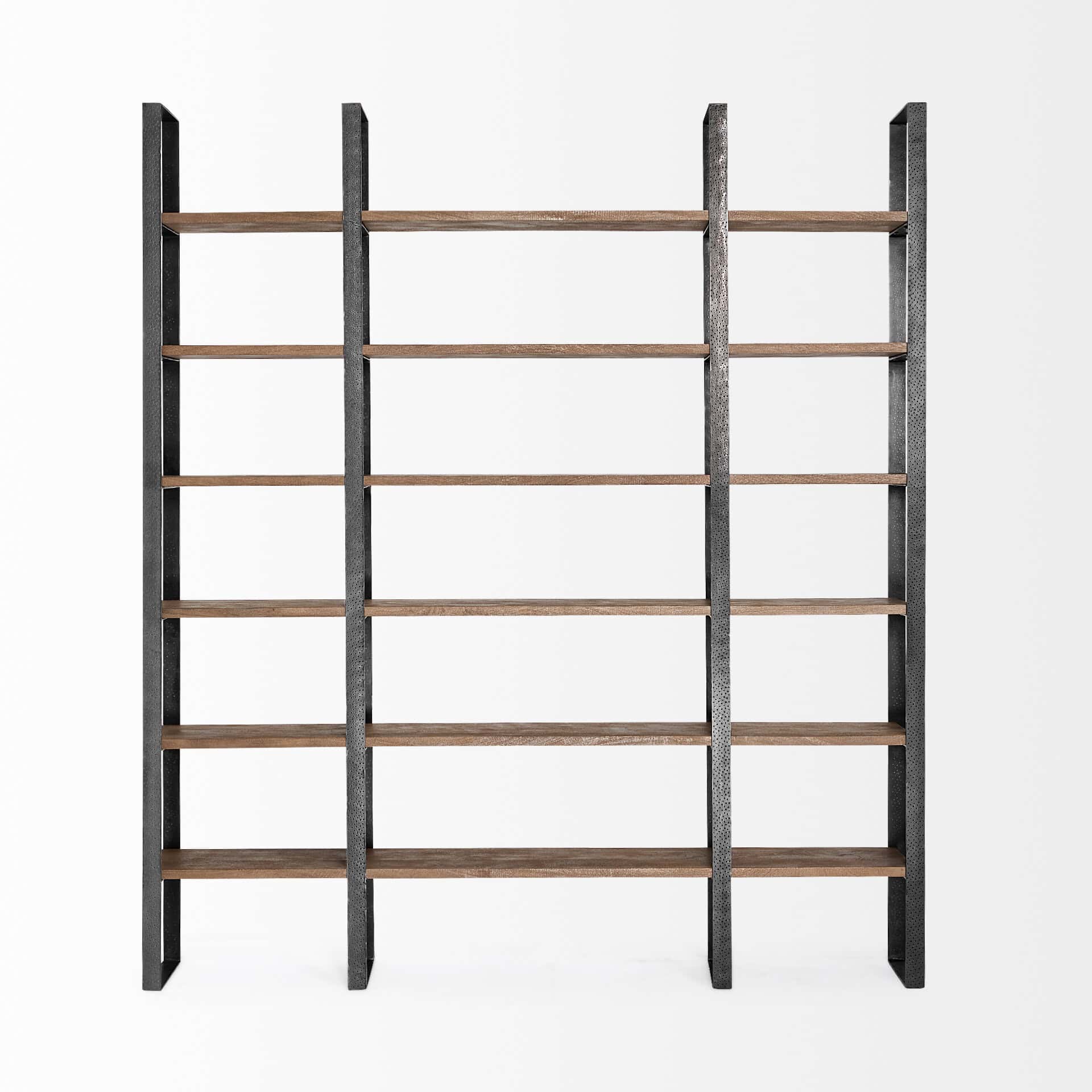 taunton ii 80l x 10.5w x 90h dark brown wood and black iron six shelving unit