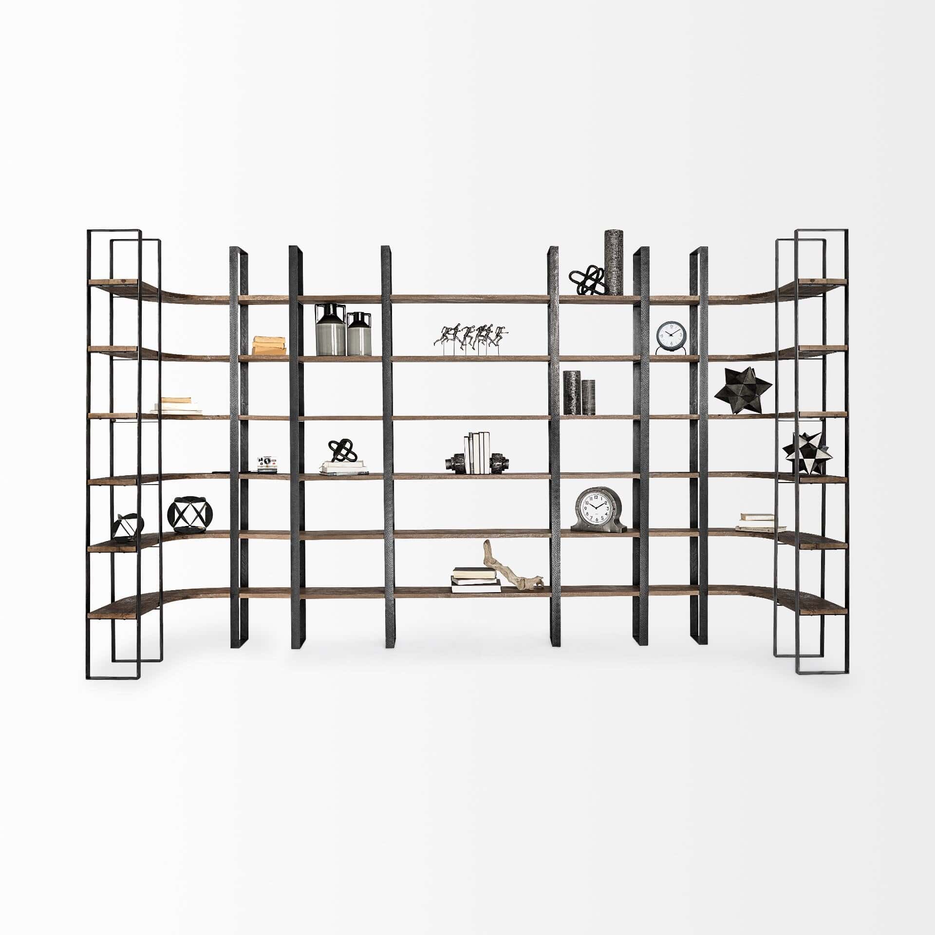 taunton ii 80l x 10.5w x 90h dark brown wood and black iron six shelving unit